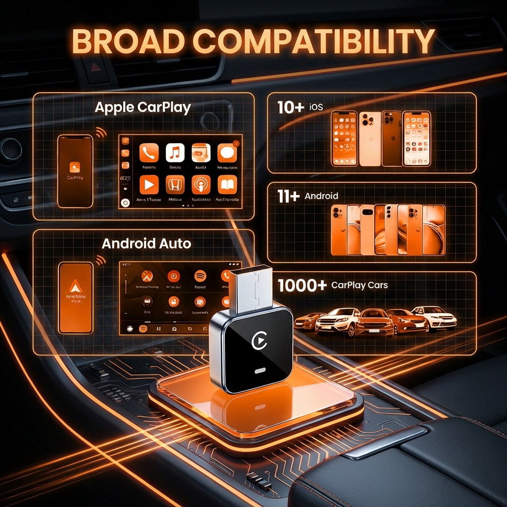 2 in 1 Wireless CarPlay & Android Auto Adapter, Plug & Play, No Delay & Fast, for Apple iPhone iOS 10+ & Android 11+, Convert Wired to Wireless for 1000+ Cars, USB-A/Type-C Port with 8730E Chip