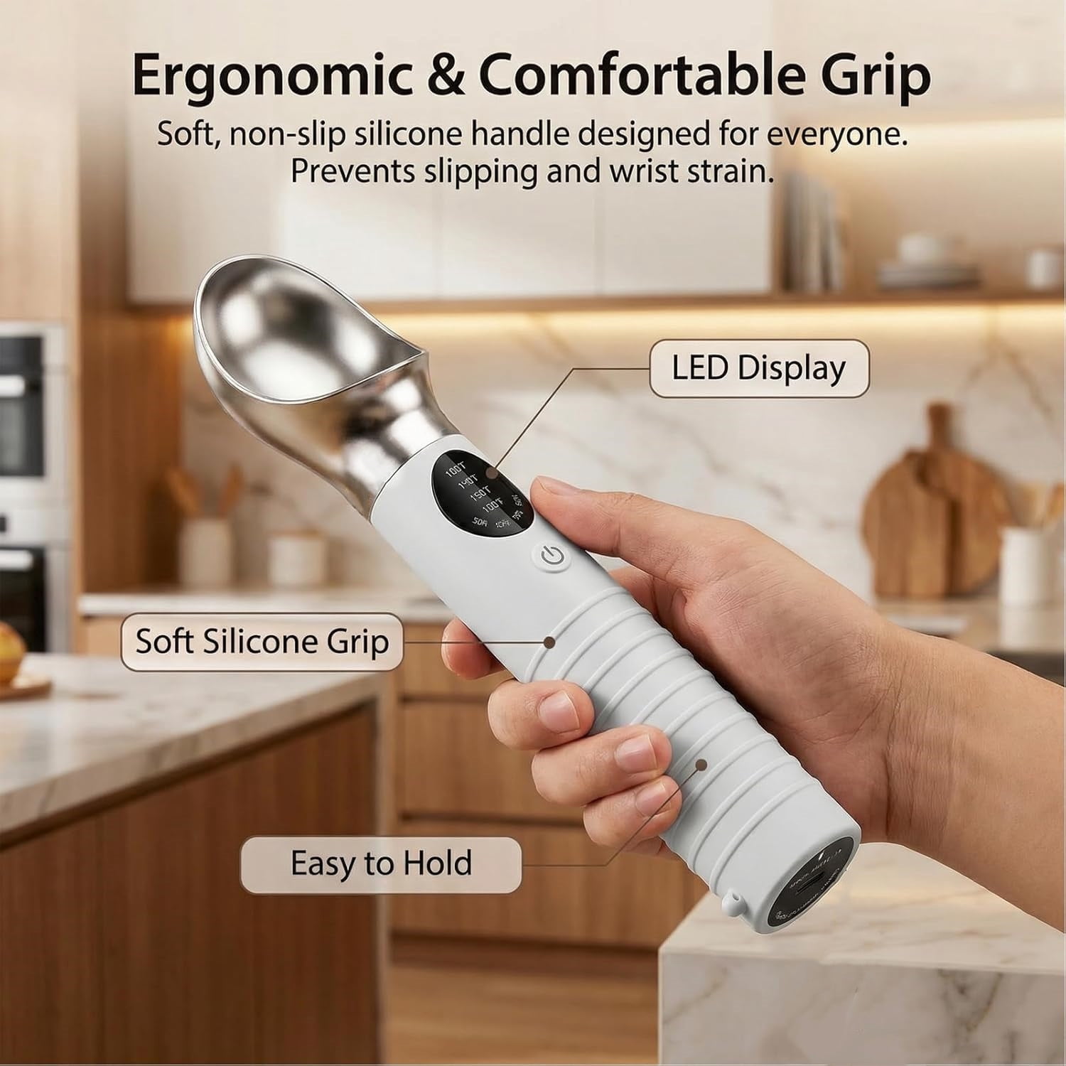 Heated Ice Cream Scoop, Rechargeable Electric Ice Cream Scoop with LED Display, 4 Fast Heating Levels, IPX6 Waterproof, Nonstick Ice Cream Scooper for Hard Ice Cream, Gelato&Frozen Yogurt (White)