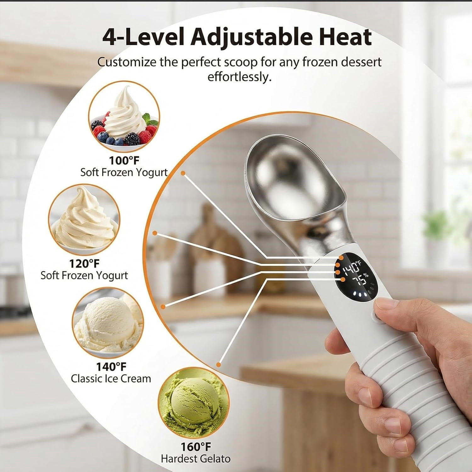 Heated Ice Cream Scoop, Rechargeable Electric Ice Cream Scoop with LED Display, 4 Fast Heating Levels, IPX6 Waterproof, Nonstick Ice Cream Scooper for Hard Ice Cream, Gelato&Frozen Yogurt (White)