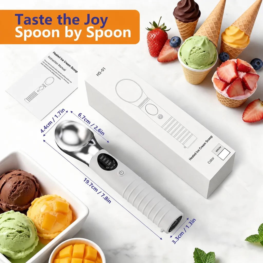 Heated Ice Cream Scoop, Rechargeable Electric Ice Cream Scoop with LED Display, 4 Fast Heating Levels, IPX6 Waterproof, Nonstick Ice Cream Scooper for Hard Ice Cream, Gelato&Frozen Yogurt (White)