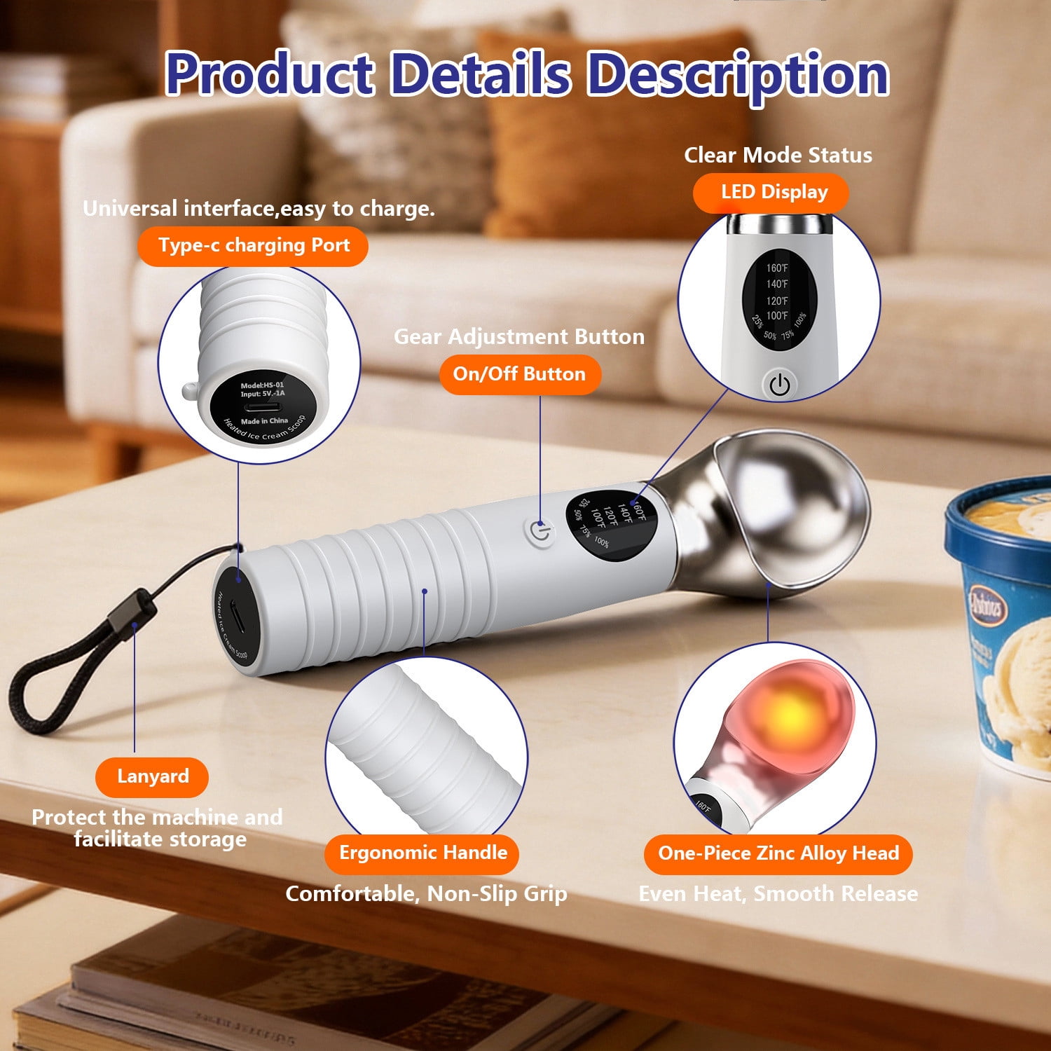 Heated Ice Cream Scoop, Rechargeable Electric Ice Cream Scoop with LED Display, 4 Fast Heating Levels, IPX6 Waterproof, Nonstick Ice Cream Scooper for Hard Ice Cream, Gelato&Frozen Yogurt (White)