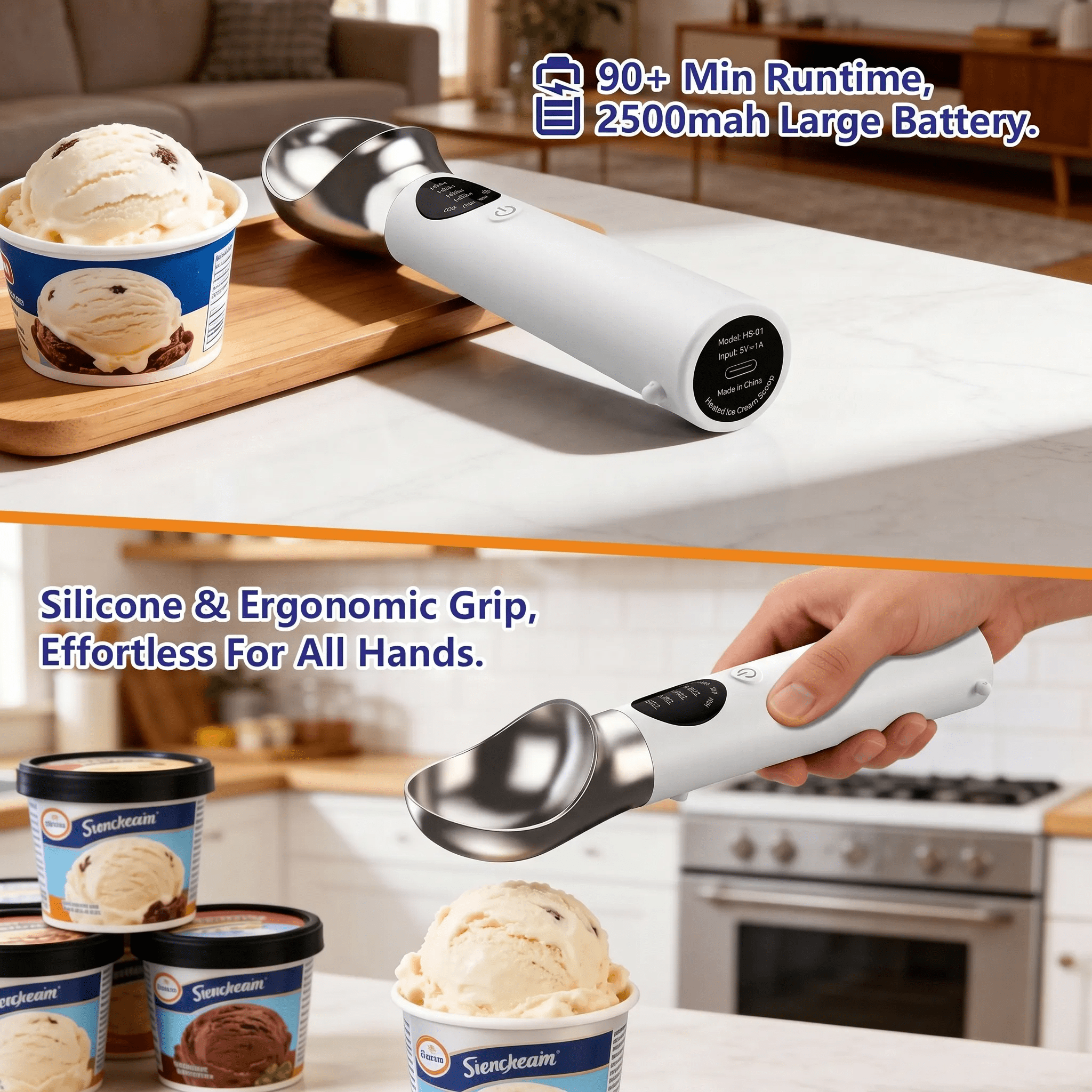 Heated Ice Cream Scoop, Rechargeable Electric Ice Cream Scoop with LED Display, 4 Fast Heating Levels, IPX6 Waterproof, Nonstick Ice Cream Scooper for Hard Ice Cream, Gelato&Frozen Yogurt (White)