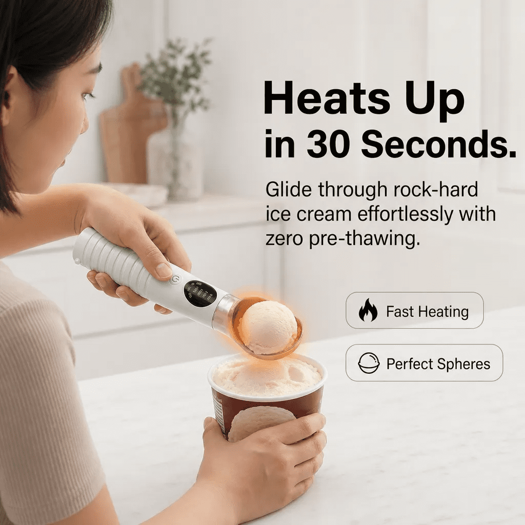 Heated Ice Cream Scoop, Rechargeable Electric Ice Cream Scoop with LED Display, 4 Fast Heating Levels, IPX6 Waterproof, Nonstick Ice Cream Scooper for Hard Ice Cream, Gelato&Frozen Yogurt (White)