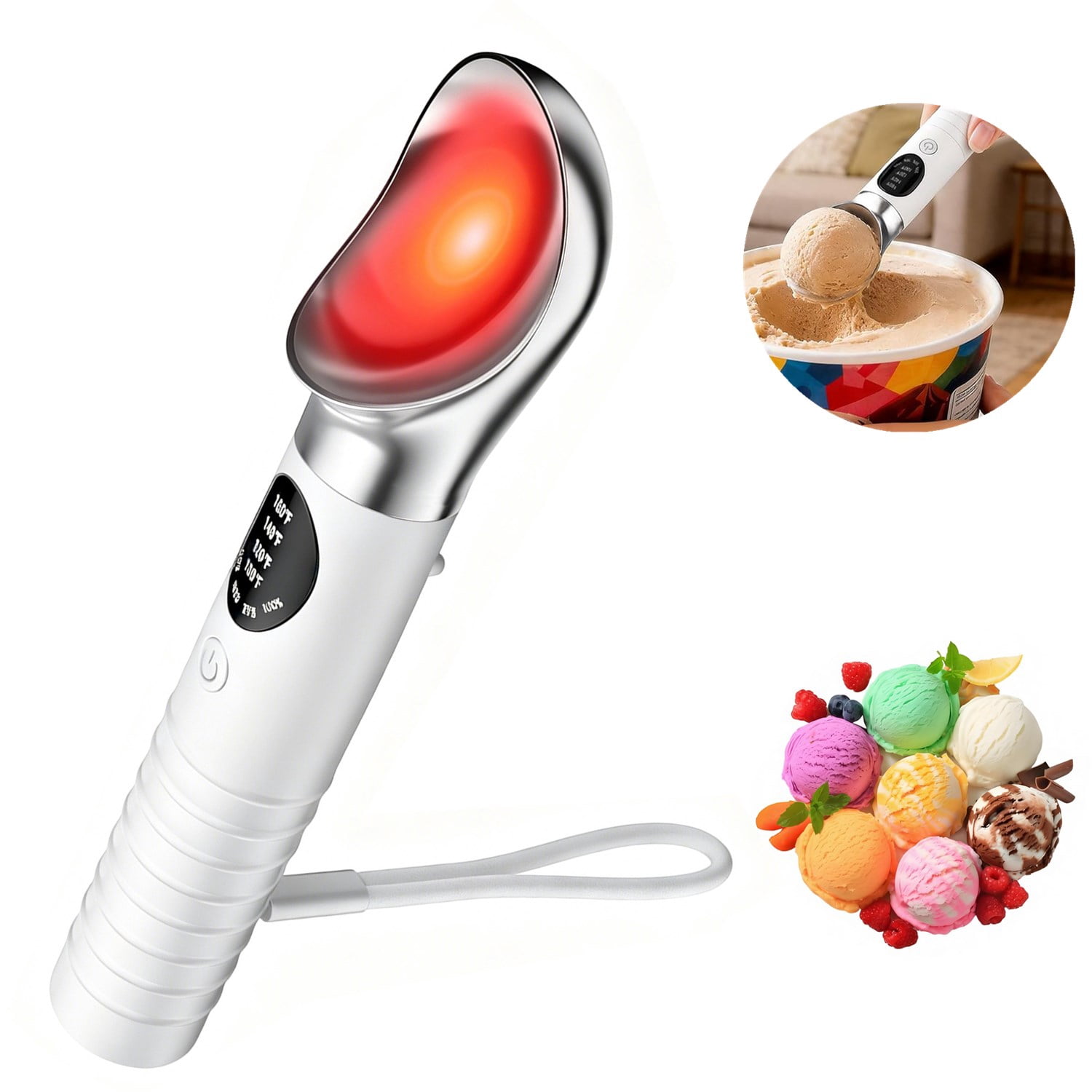 Heated Ice Cream Scoop, Rechargeable Electric Ice Cream Scoop with LED Display, 4 Fast Heating Levels, IPX6 Waterproof, Nonstick Ice Cream Scooper for Hard Ice Cream, Gelato&Frozen Yogurt (White)