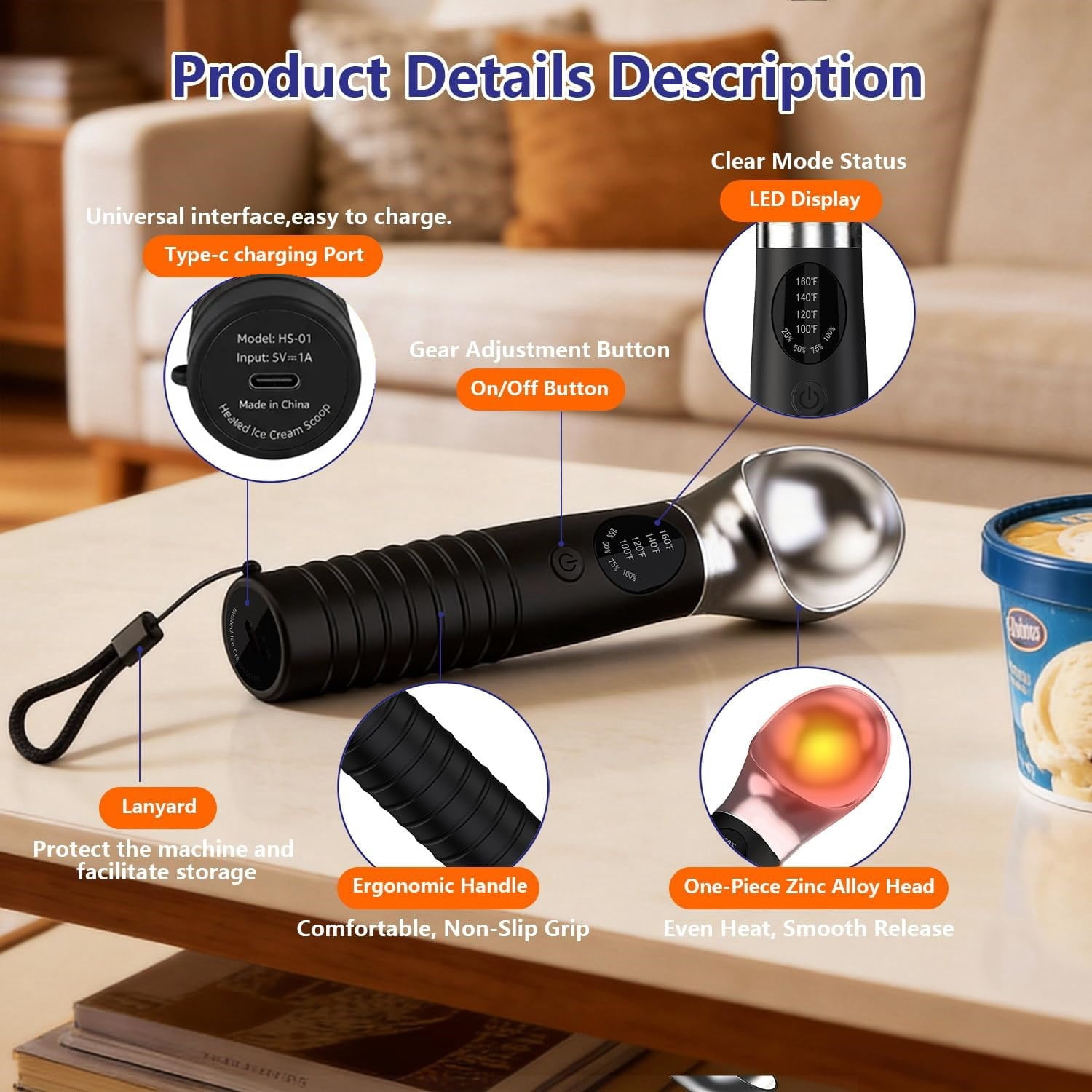 Heated Ice Cream Scoop, Rechargeable Electric Ice Cream Scoop with LED Display, 4 Fast Heating Levels, IPX6 Waterproof, Nonstick Ice Cream Scooper for Hard Ice Cream, Gelato&Frozen Yogurt (Black)