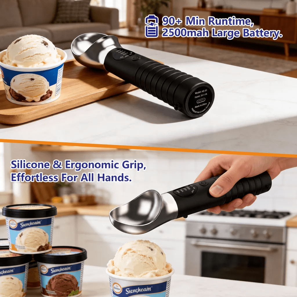 Heated Ice Cream Scoop, Rechargeable Electric Ice Cream Scoop with LED Display, 4 Fast Heating Levels, IPX6 Waterproof, Nonstick Ice Cream Scooper for Hard Ice Cream, Gelato&Frozen Yogurt (Black)