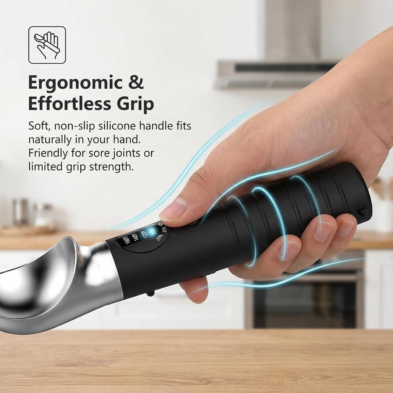 Heated Ice Cream Scoop, Rechargeable Electric Ice Cream Scoop with LED Display, 4 Fast Heating Levels, IPX6 Waterproof, Nonstick Ice Cream Scooper for Hard Ice Cream, Gelato&Frozen Yogurt (Black)