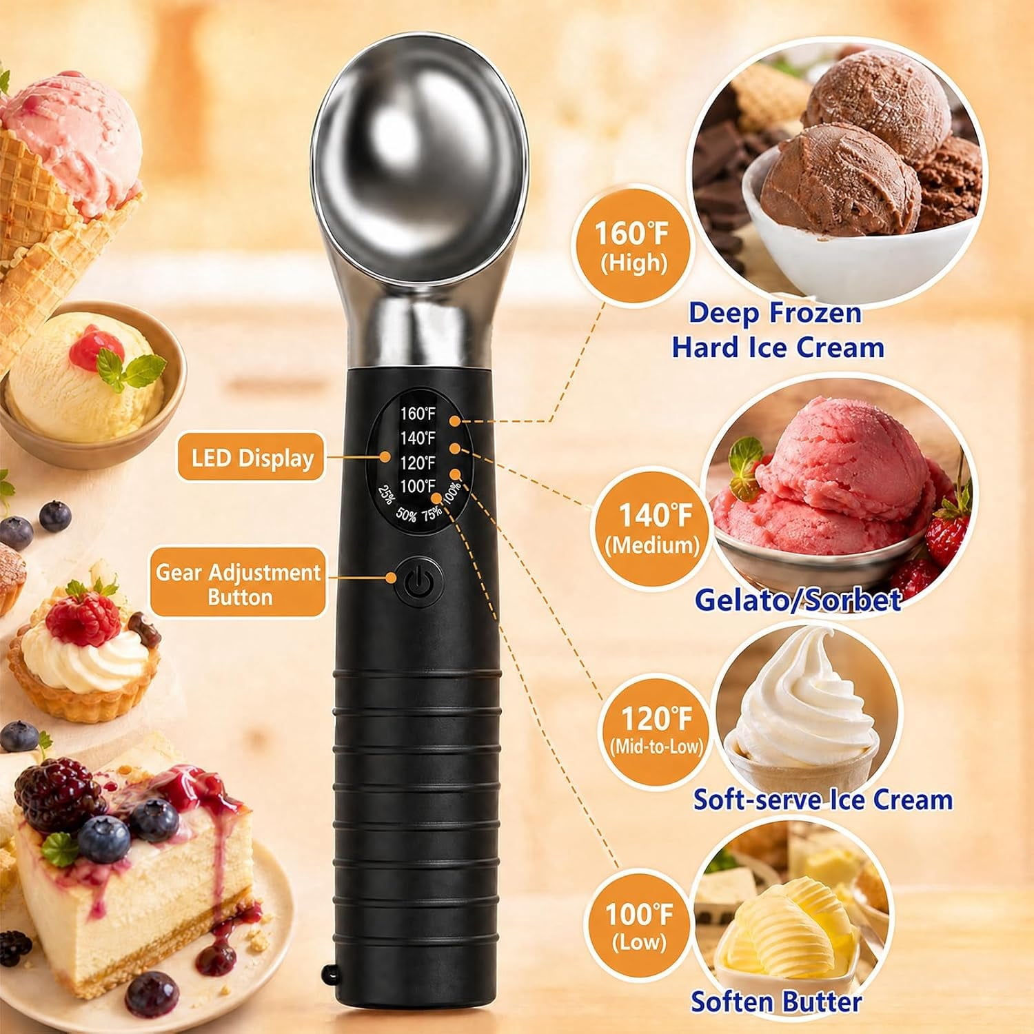 Heated Ice Cream Scoop, Rechargeable Electric Ice Cream Scoop with LED Display, 4 Fast Heating Levels, IPX6 Waterproof, Nonstick Ice Cream Scooper for Hard Ice Cream, Gelato&Frozen Yogurt (Black)