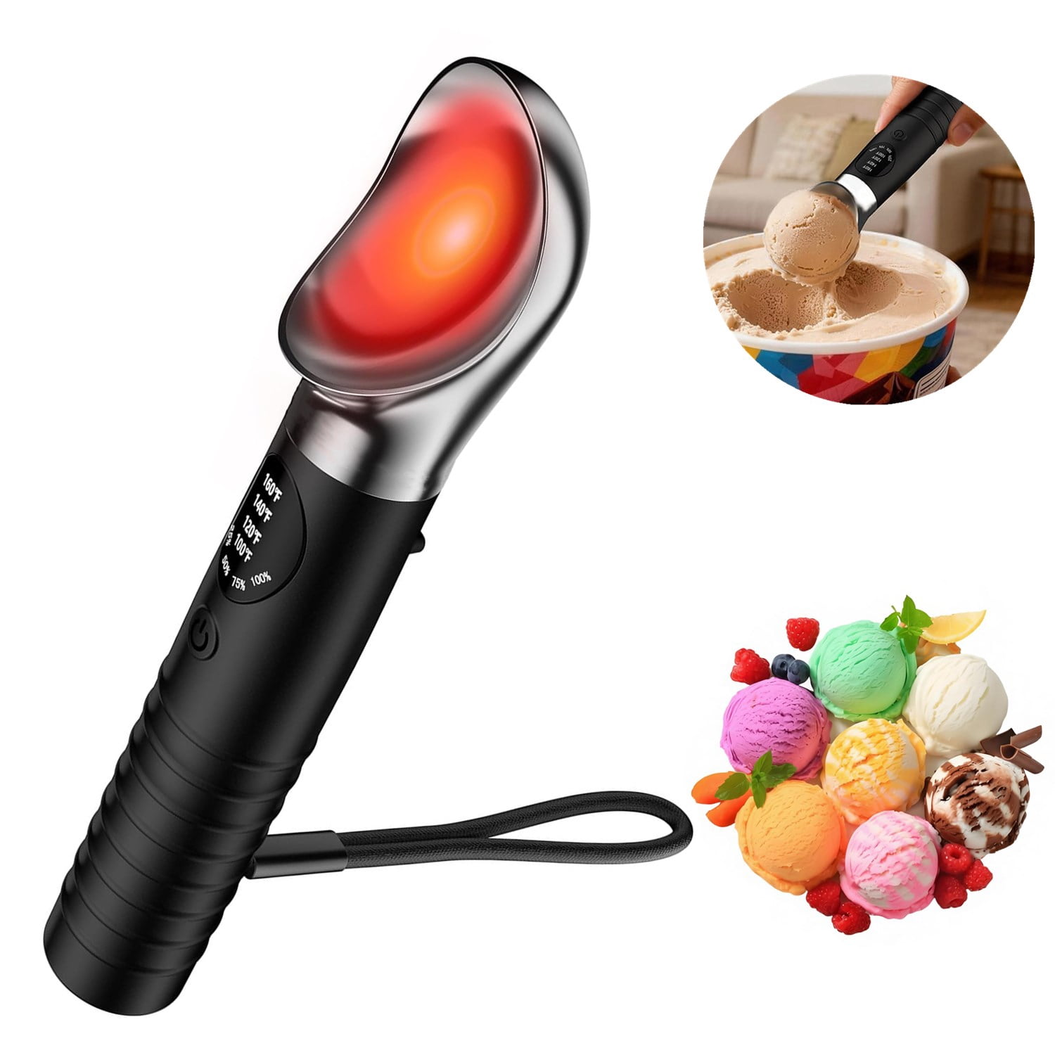 Heated Ice Cream Scoop, Rechargeable Electric Ice Cream Scoop with LED Display, 4 Fast Heating Levels, IPX6 Waterproof, Nonstick Ice Cream Scooper for Hard Ice Cream, Gelato&Frozen Yogurt (Black)