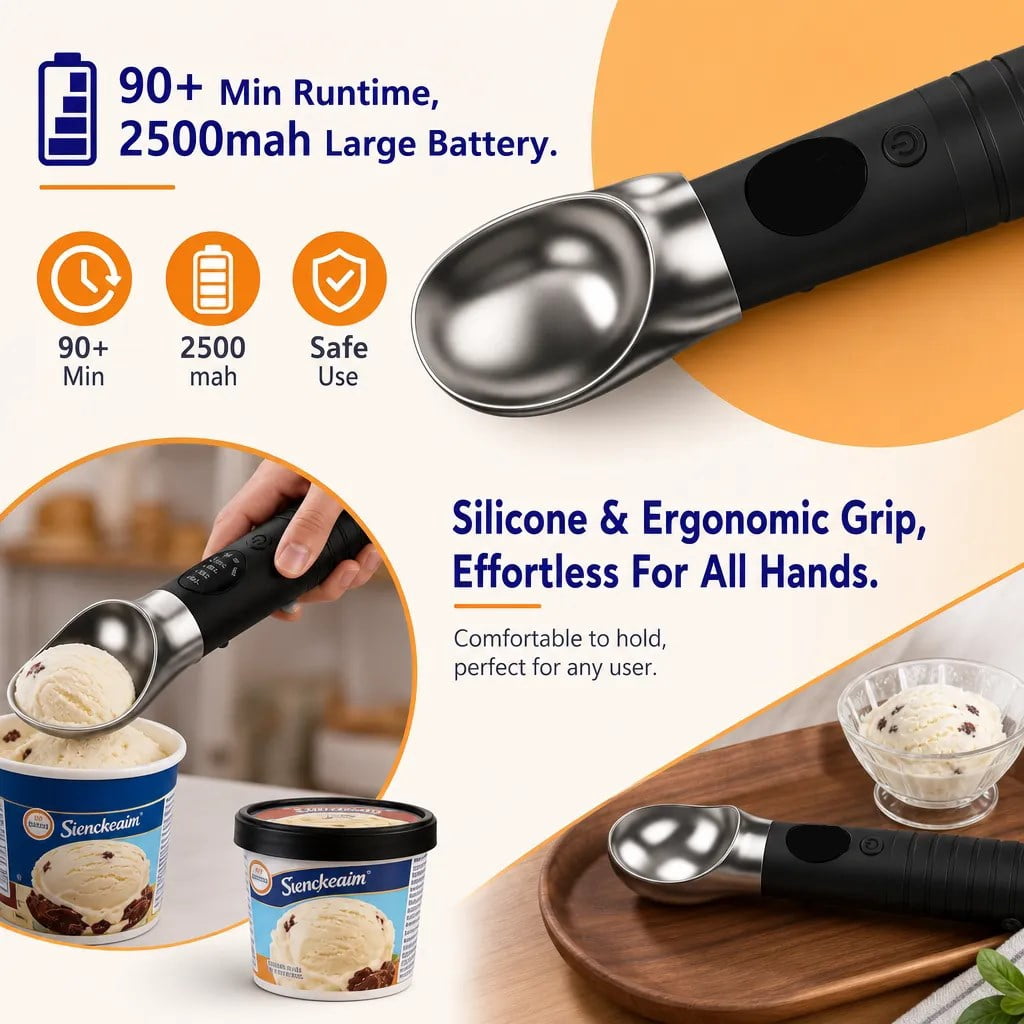 Heated Ice Cream Scoop, Rechargeable Electric Ice Cream Scoop, 4 Fast Heating Levels, IPX6 Waterproof, Nonstick Ice Cream Scooper with LED Display for Hard Ice Cream, Gelato&Frozen Yogurt (Black)