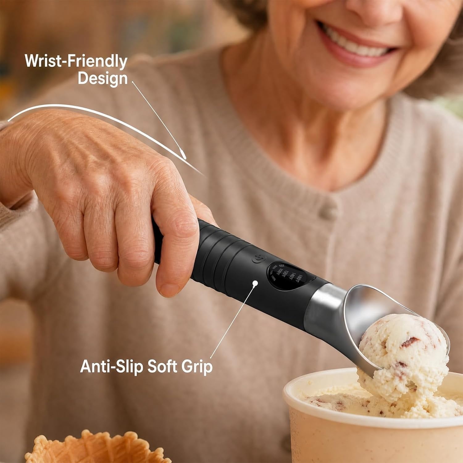 Heated Ice Cream Scoop, Rechargeable Electric Ice Cream Scoop, 4 Fast Heating Levels, IPX6 Waterproof, Nonstick Ice Cream Scooper with LED Display for Hard Ice Cream, Gelato&Frozen Yogurt (Black)