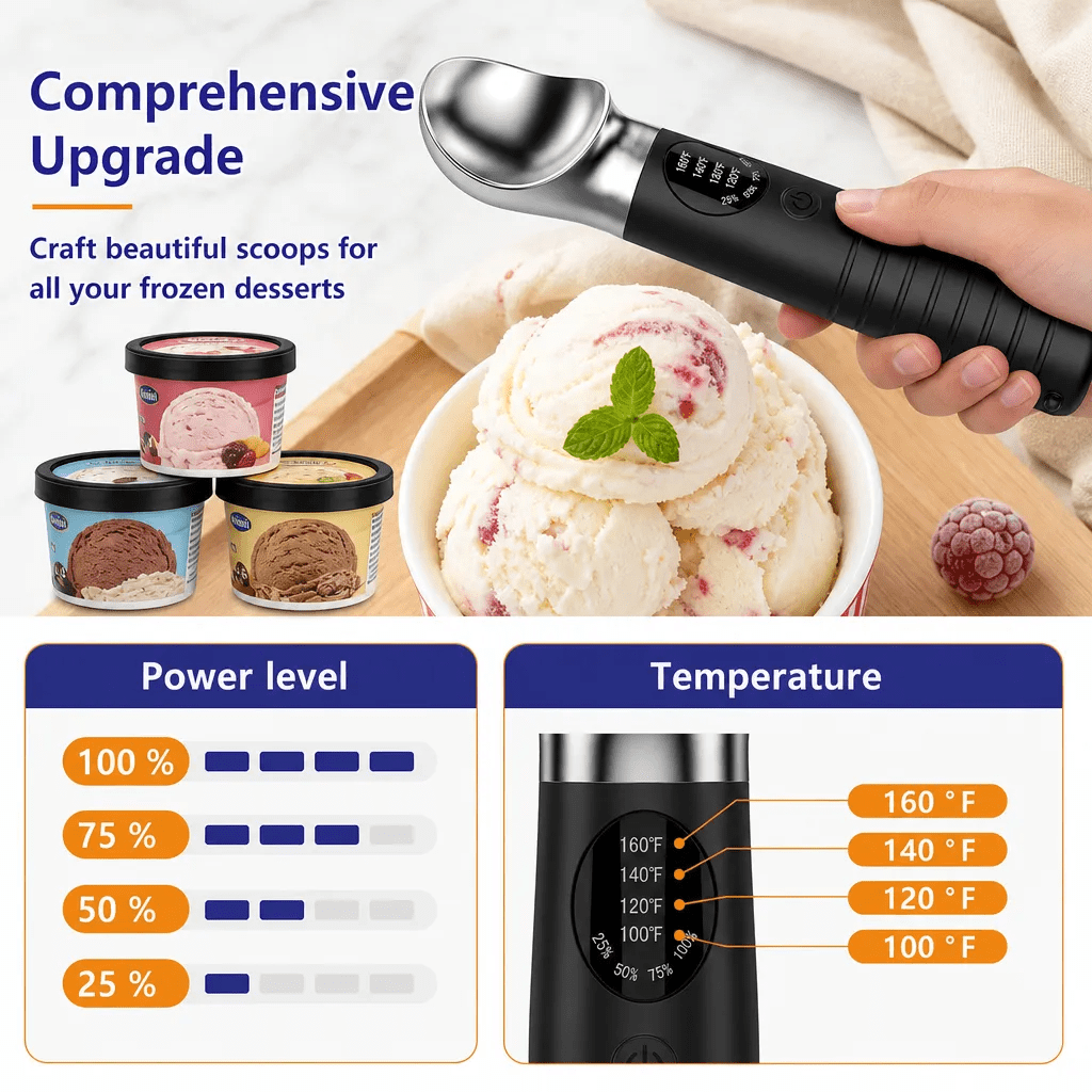 Heated Ice Cream Scoop, Rechargeable Electric Ice Cream Scoop, 4 Fast Heating Levels, IPX6 Waterproof, Nonstick Ice Cream Scooper with LED Display for Hard Ice Cream, Gelato&Frozen Yogurt (Black)
