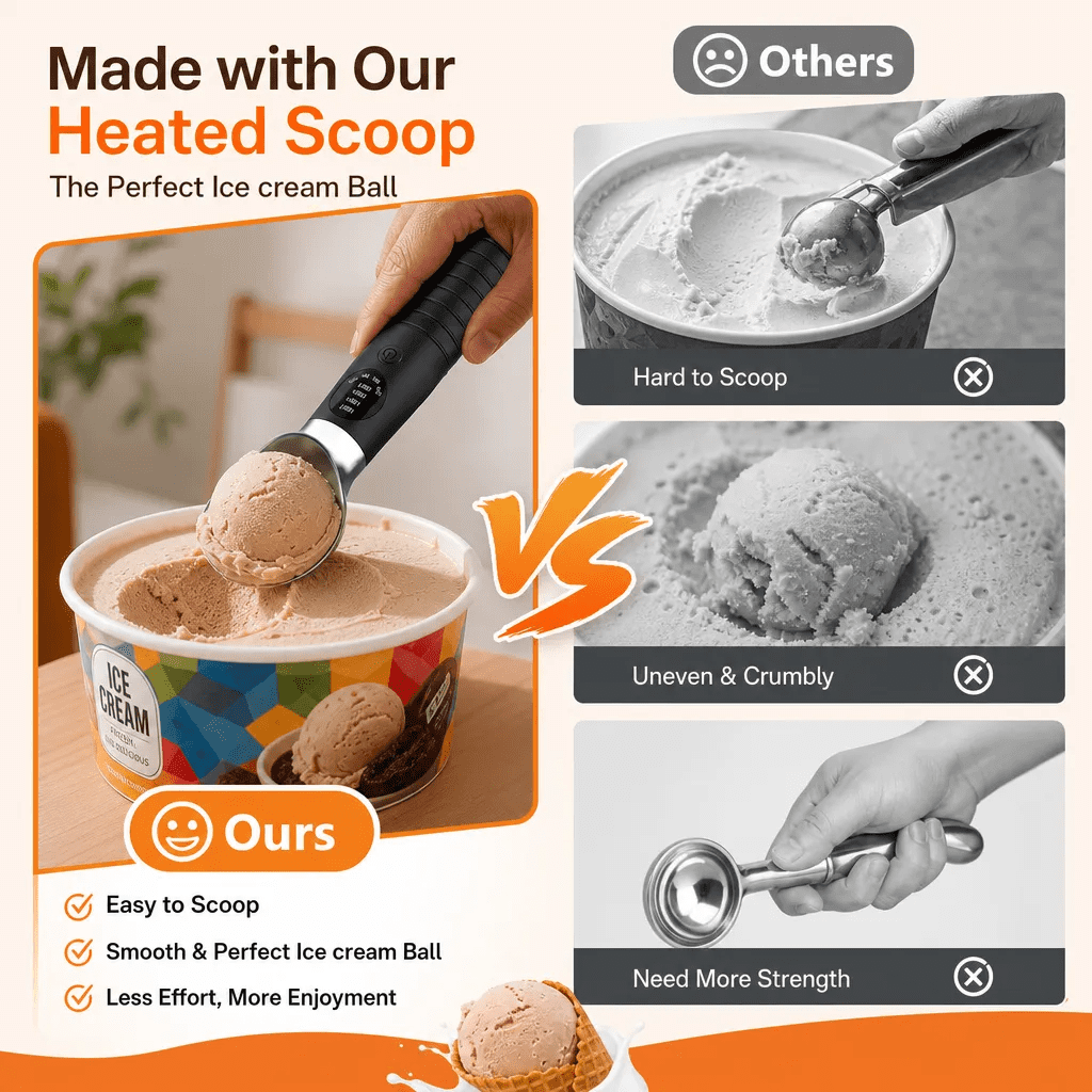Heated Ice Cream Scoop, Rechargeable Electric Ice Cream Scoop, 4 Fast Heating Levels, IPX6 Waterproof, Nonstick Ice Cream Scooper with LED Display for Hard Ice Cream, Gelato&Frozen Yogurt (Black)