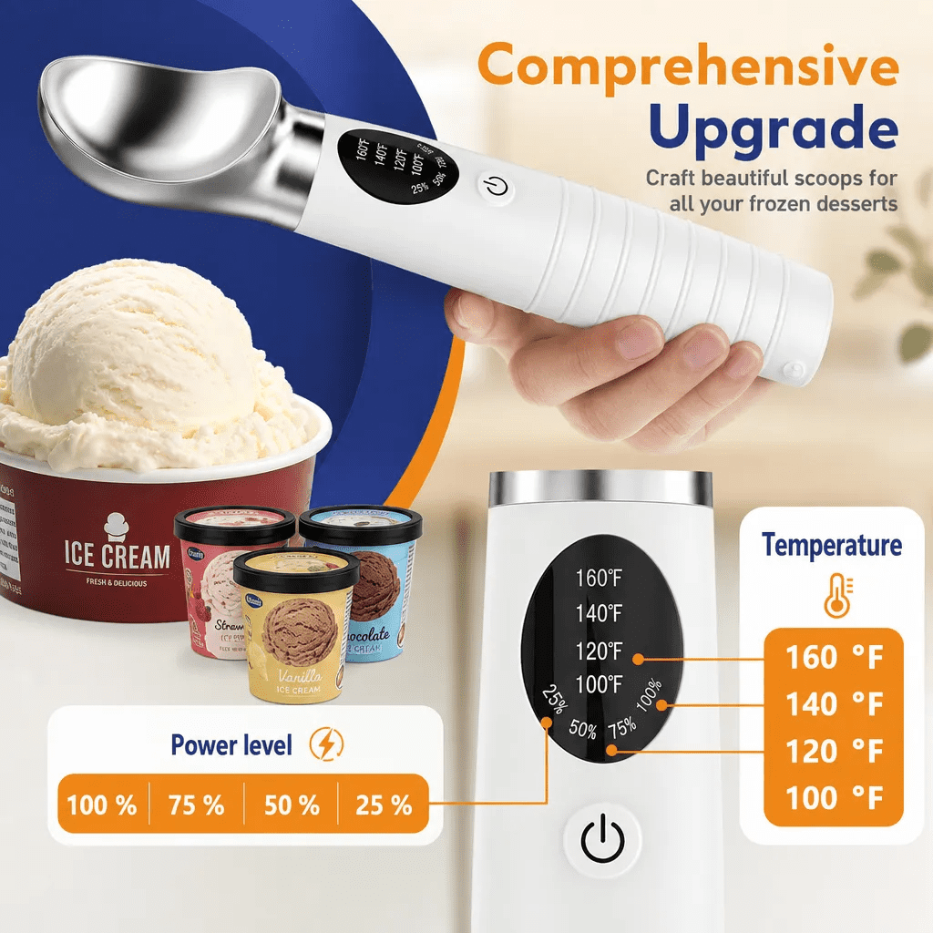 Heated Ice Cream Scoop, Rechargeable Electric Ice Cream Scoop, 4 Fast Heating Levels, IPX6 Waterproof, Nonstick Ice Cream Scooper with LED Display for Hard Ice Cream, Gelato&Frozen Yogurt (White)