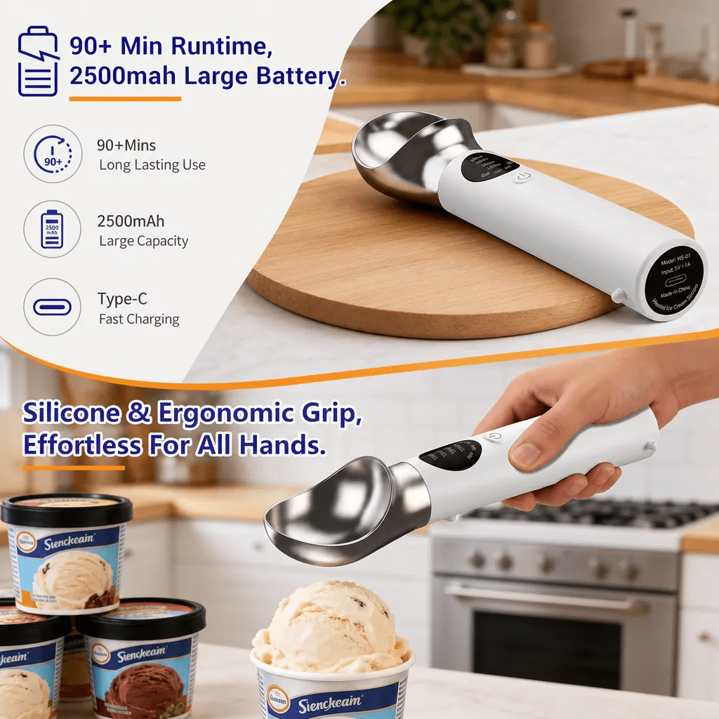 Heated Ice Cream Scoop, Rechargeable Electric Ice Cream Scoop, 4 Fast Heating Levels, IPX6 Waterproof, Nonstick Ice Cream Scooper with LED Display for Hard Ice Cream, Gelato&Frozen Yogurt (White)