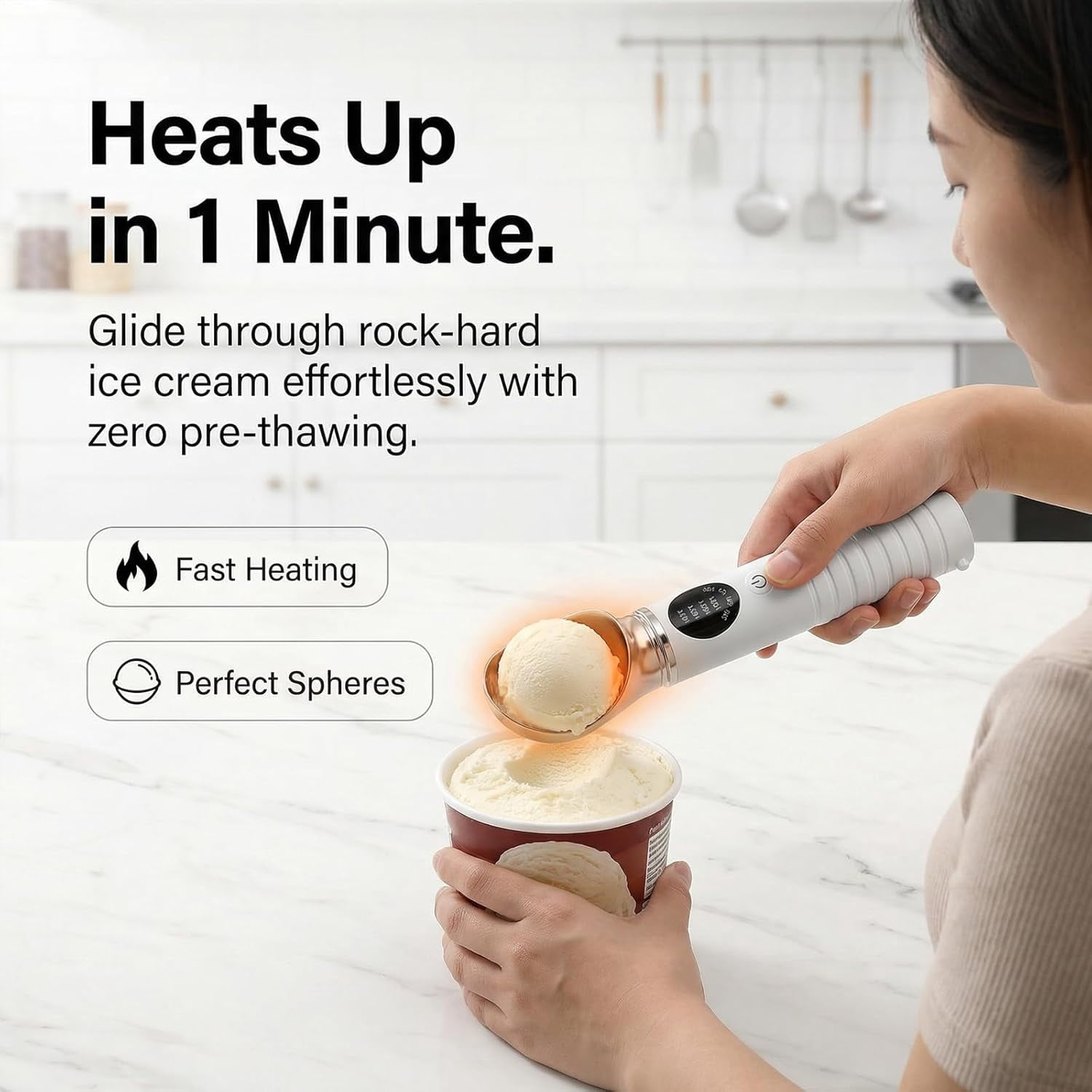 Heated Ice Cream Scoop, Rechargeable Electric Ice Cream Scoop, 4 Fast Heating Levels, IPX6 Waterproof, Nonstick Ice Cream Scooper with LED Display for Hard Ice Cream, Gelato&Frozen Yogurt (White)