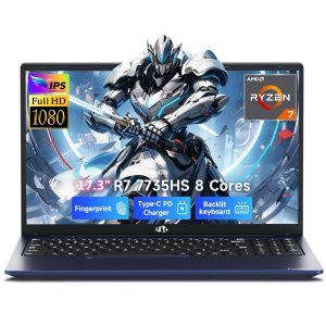 17.3" Gaming Laptop 2026 NEW, AMD Ryzen 7 7735HS (Boost 4.75GHz), 16GB DDR5 RAM, 256GB SSD, AMD Radeon 680M, 1080P FHD Display, Backlit Keyboard, 100W PD Fast Charge, 2X Full-Function USB-C, Blue