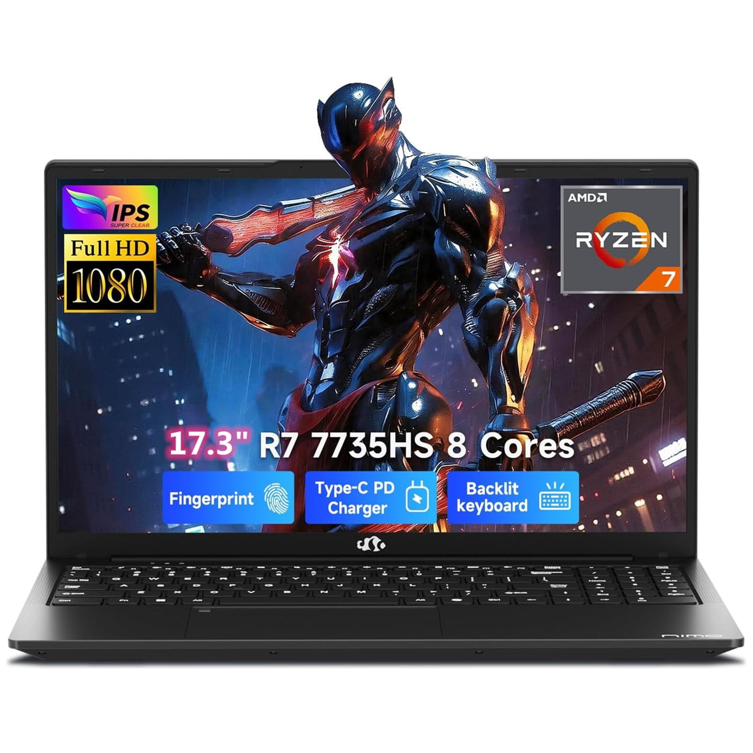 17.3" Gaming Laptop 2026 NEW, AMD Ryzen 7 7735HS (Boost 4.75GHz), 16GB DDR5 RAM,1TB SSD, AMD Radeon 680M, 1080P FHD Display, Backlit Keyboard, 100W PD Fast Charge, 2X Full-Function USB-C, Black