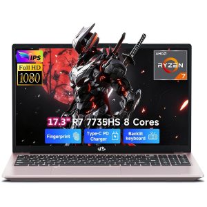 17.3" Gaming Laptop 2026 NEW, AMD Ryzen 7 7735HS (Boost 4.75GHz), 16GB DDR5 RAM,1TB SSD, AMD Radeon 680M, 1080P FHD Display, Backlit Keyboard, 100W PD Fast Charge, 2X Full-Function USB-C, RoseGold