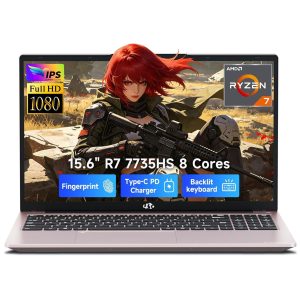 2026 NEW 15.6" Gaming Laptop, AMD Ryzen 7 7735HS (Boost 4.75GHz), 16GB DDR5 RAM, 512GB SSD, AMD Radeon 680M, 1080P FHD Display, Backlit Keyboard, 100W PD Fast Charge, 2X Full-Function USB-C, RoseGold
