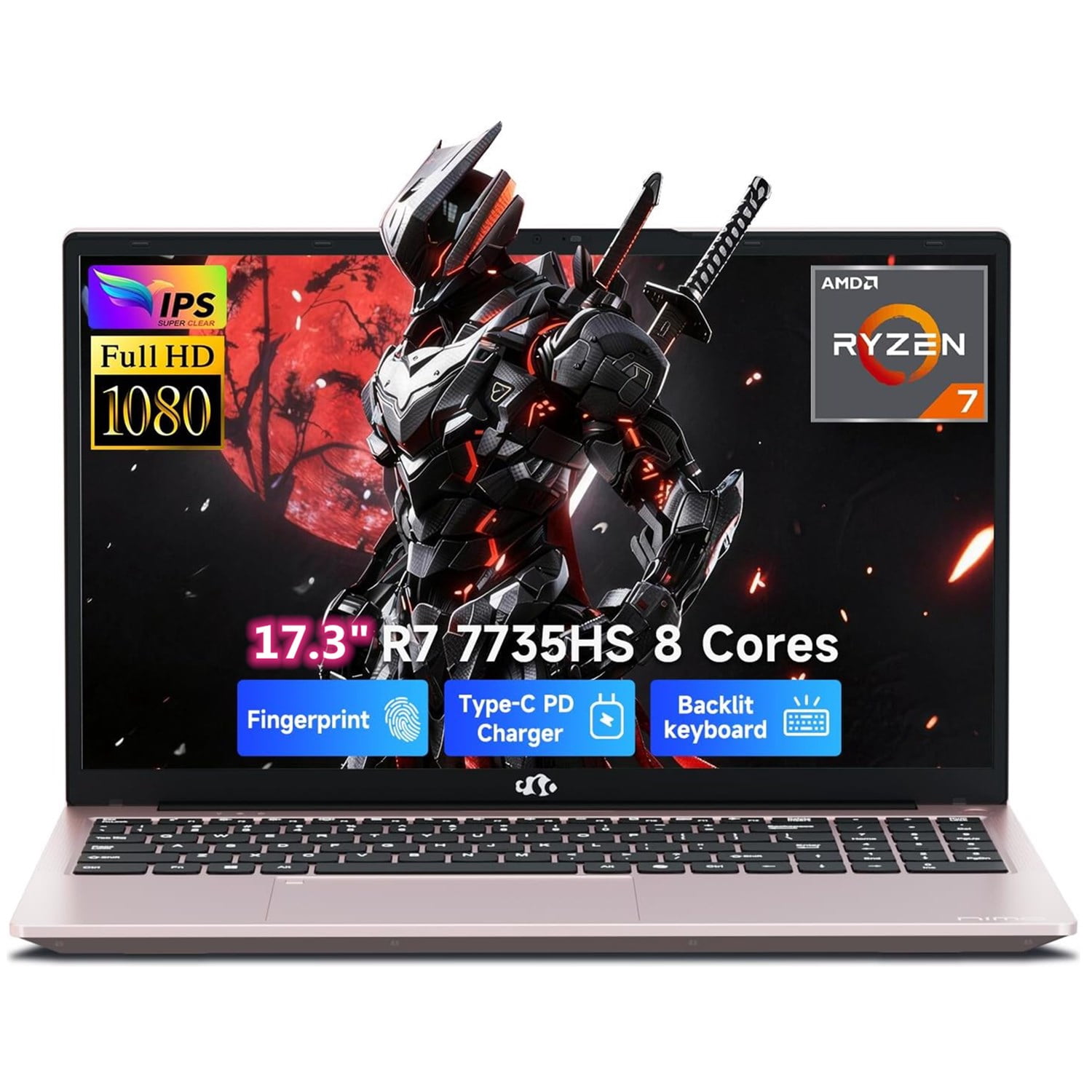 17.3" Gaming Laptop 2026 NEW, AMD Ryzen 7 7735HS (Boost 4.75GHz), 16GB DDR5 RAM, 256GB SSD, AMD Radeon 680M, 1080P FHD Display, Backlit Keyboard, 100W PD Fast Charge, 2X Full-Function USB-C, RoseGold