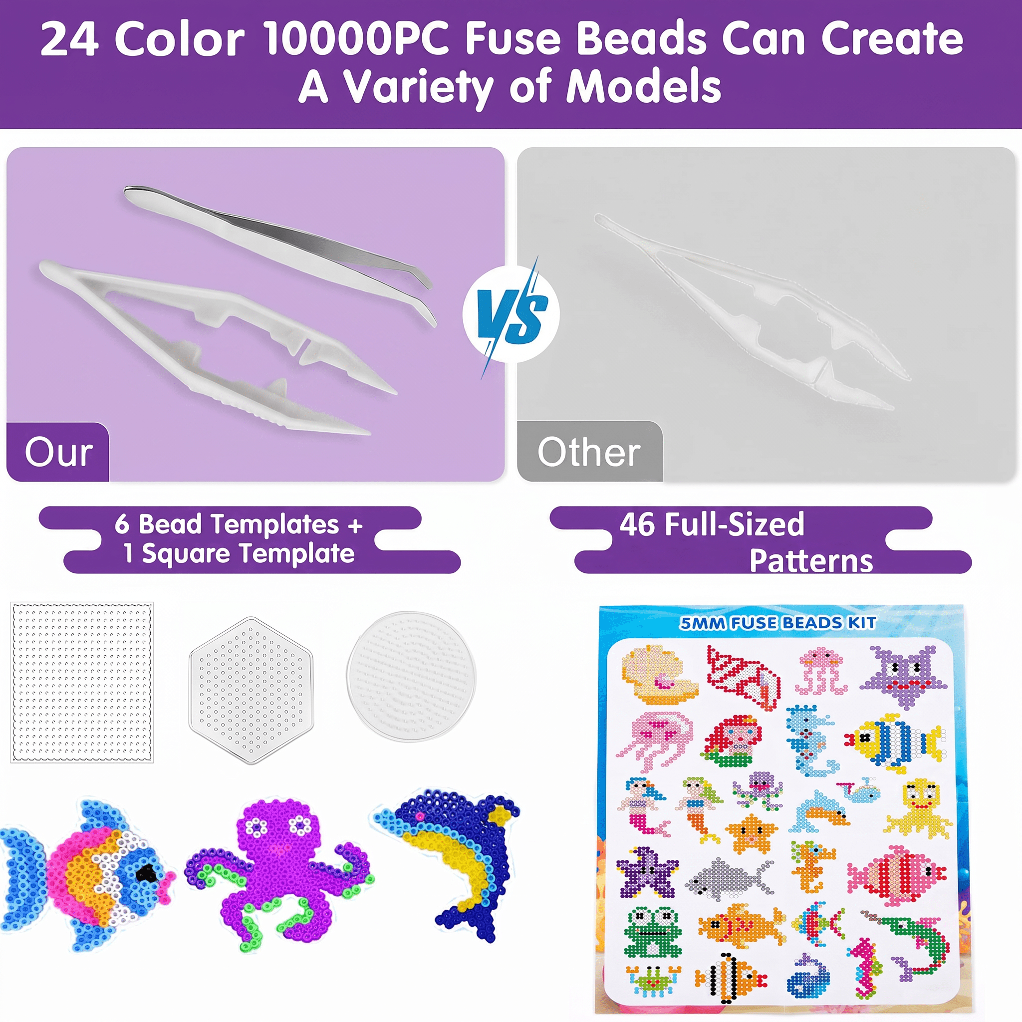 Fuse Beads Kit,10000PCS 5MM 24 Colors , Mini 3-Layer Storage Box, 6 Patterns, Ironing Papers,Tweezers, Keychains &DIY Craft Set with Tools & Accessories Craft,Unisex,Ocean Theme