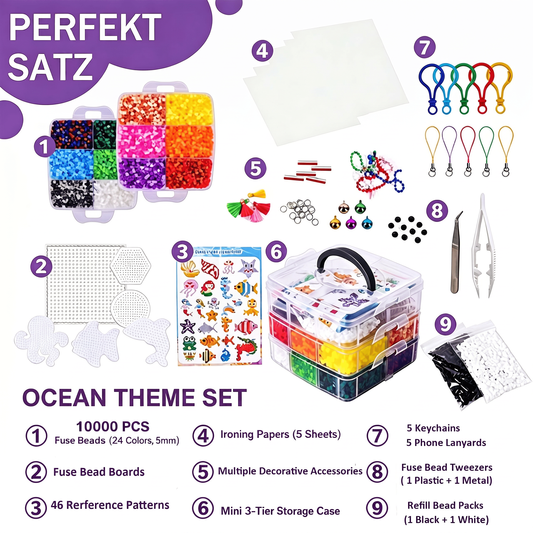 Fuse Beads Kit,10000PCS 5MM 24 Colors , Mini 3-Layer Storage Box, 6 Patterns, Ironing Papers,Tweezers, Keychains &DIY Craft Set with Tools & Accessories Craft,Unisex,Ocean Theme