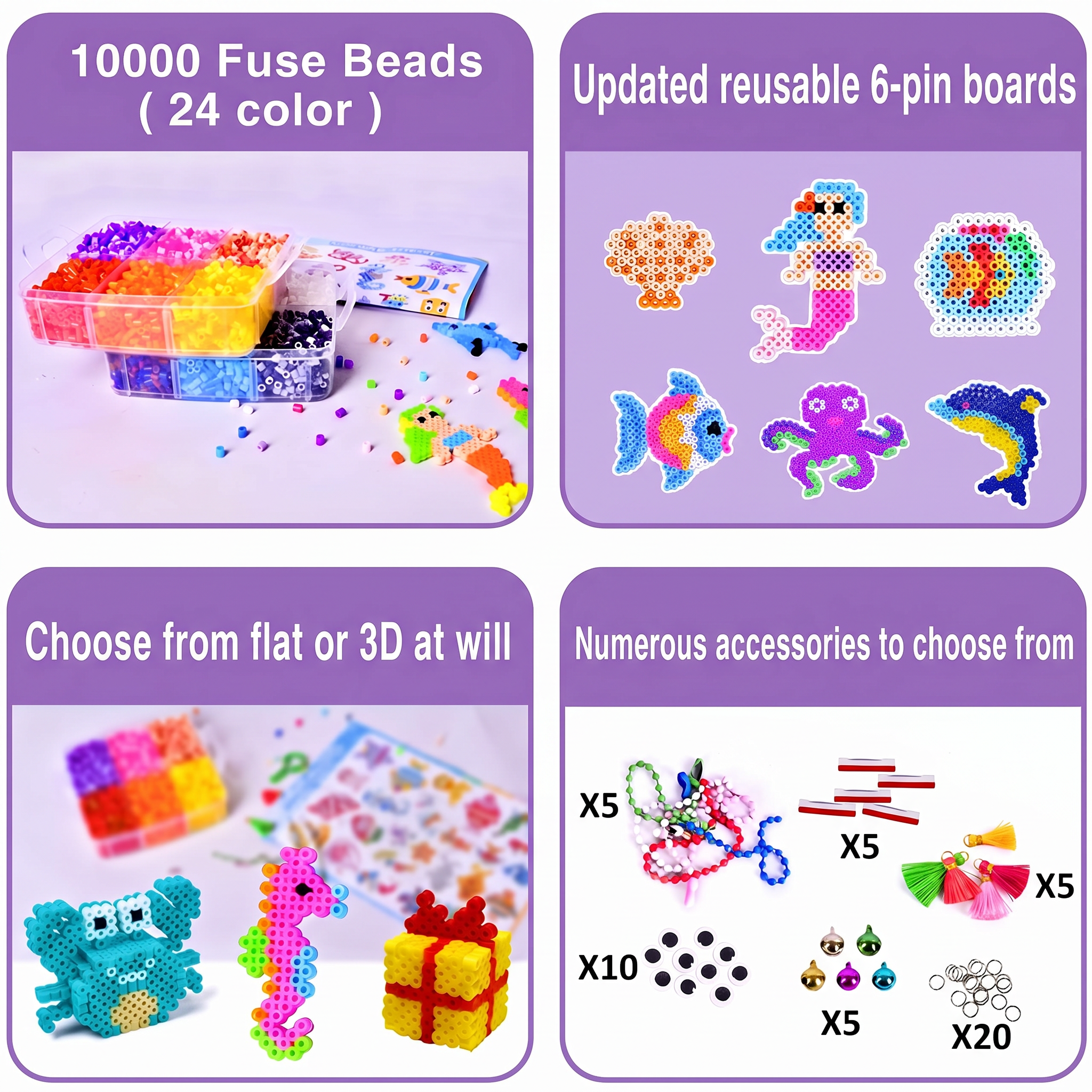 Fuse Beads Kit,10000PCS 5MM 24 Colors , Mini 3-Layer Storage Box, 6 Patterns, Ironing Papers,Tweezers, Keychains &DIY Craft Set with Tools & Accessories Craft,Unisex,Ocean Theme