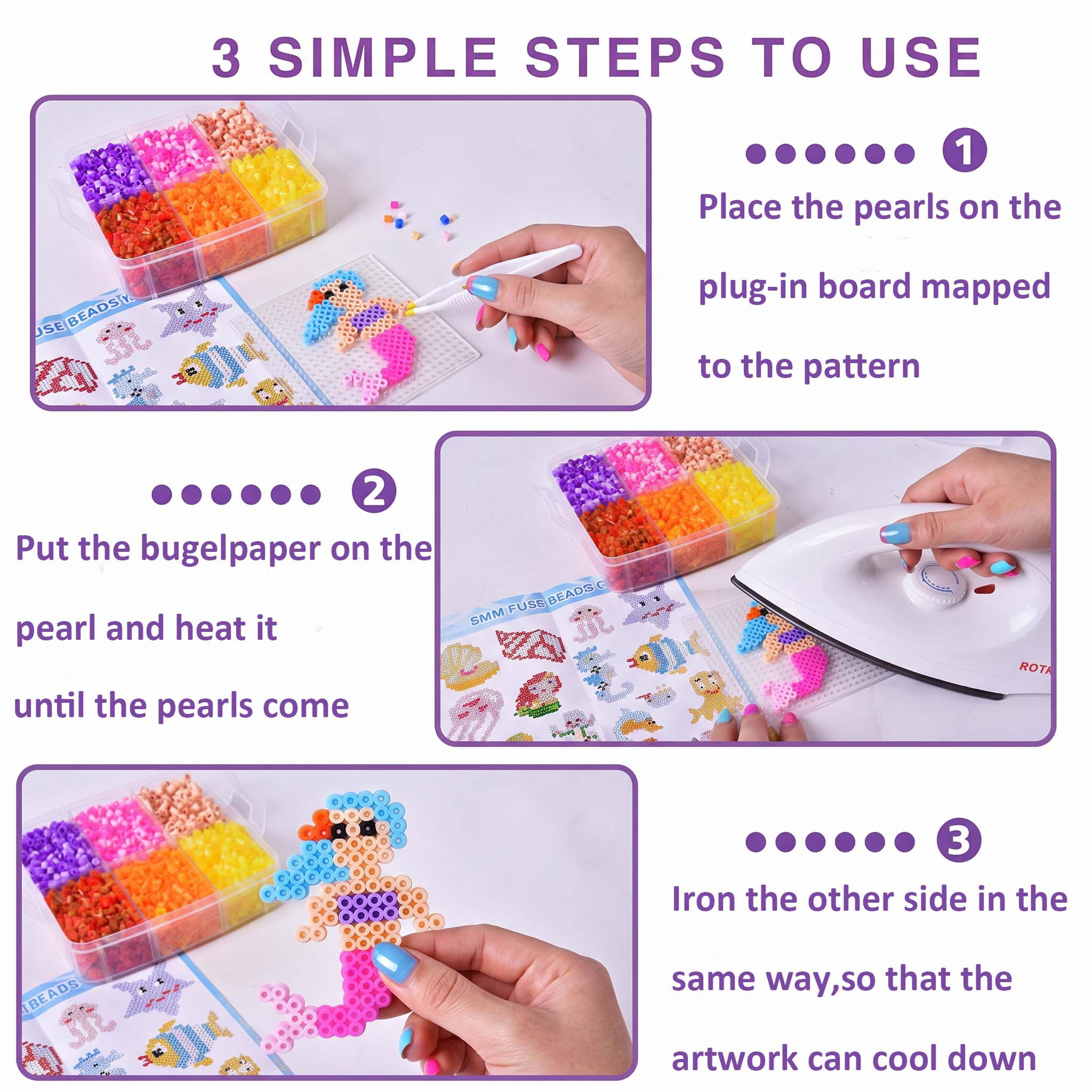 Fuse Beads Kit,10000PCS 5MM 24 Colors , Mini 3-Layer Storage Box, 6 Patterns, Ironing Papers,Tweezers, Keychains &DIY Craft Set with Tools & Accessories Craft,Unisex,Ocean Theme