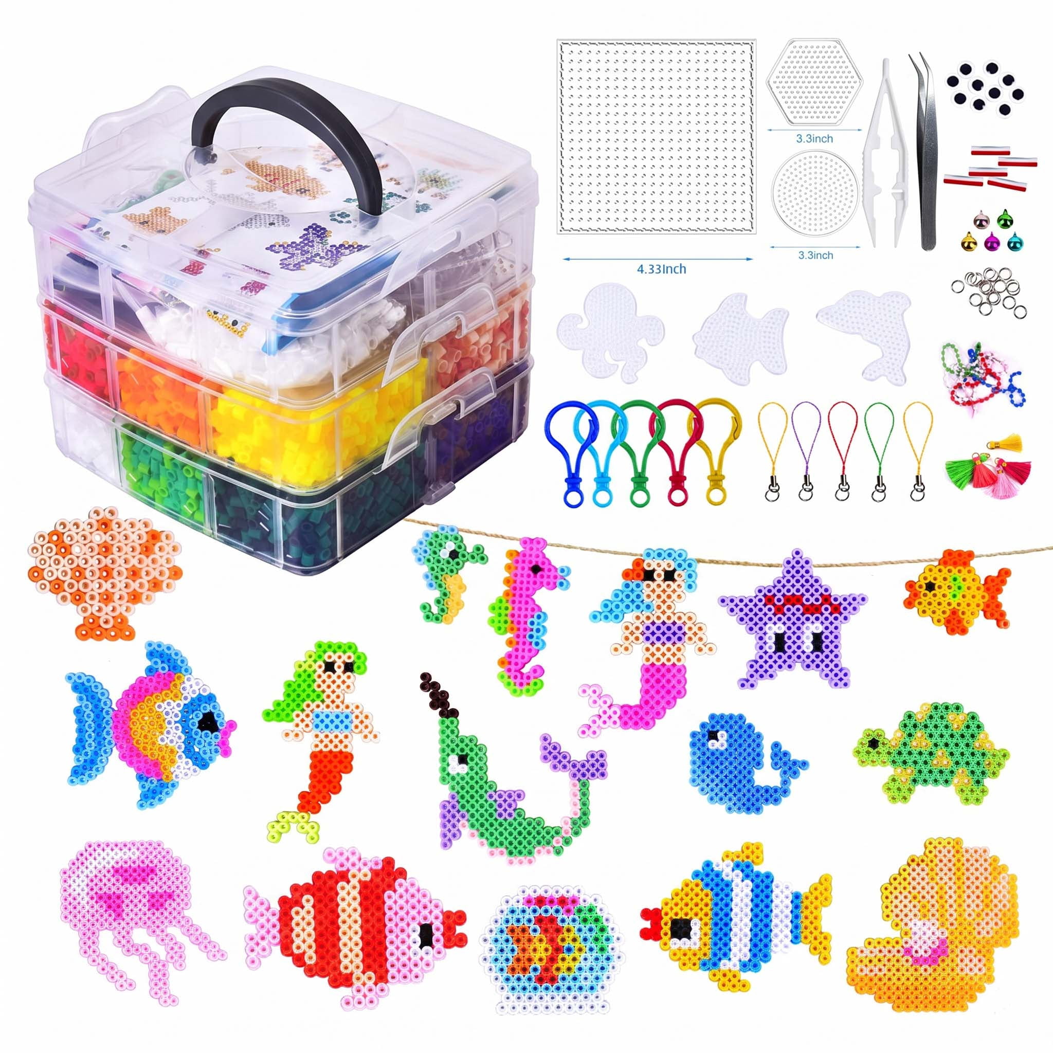 Fuse Beads Kit,10000PCS 5MM 24 Colors , Mini 3-Layer Storage Box, 6 Patterns, Ironing Papers,Tweezers, Keychains &DIY Craft Set with Tools & Accessories Craft,Unisex,Ocean Theme