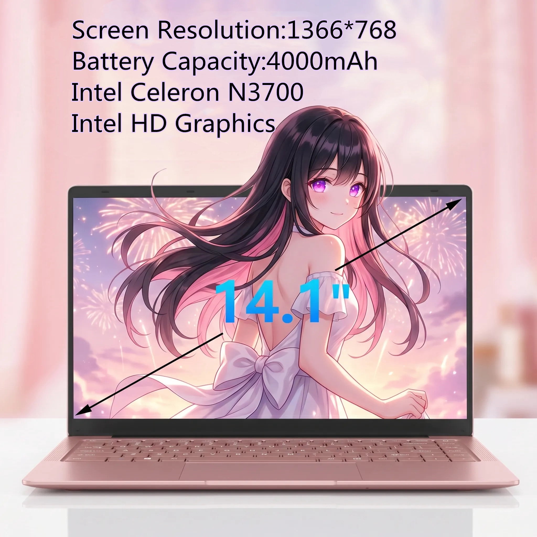 14.1" Laptop Computer with Rechargeable Silent Mouse, Office 2024, 4 Core Intel Celeron Processor, 8GB RAM 128GB SSD, HD Display Wi-Fi 5 BT5.0 Webcam, Pink Laptop for Study, Homework & Everyday Use