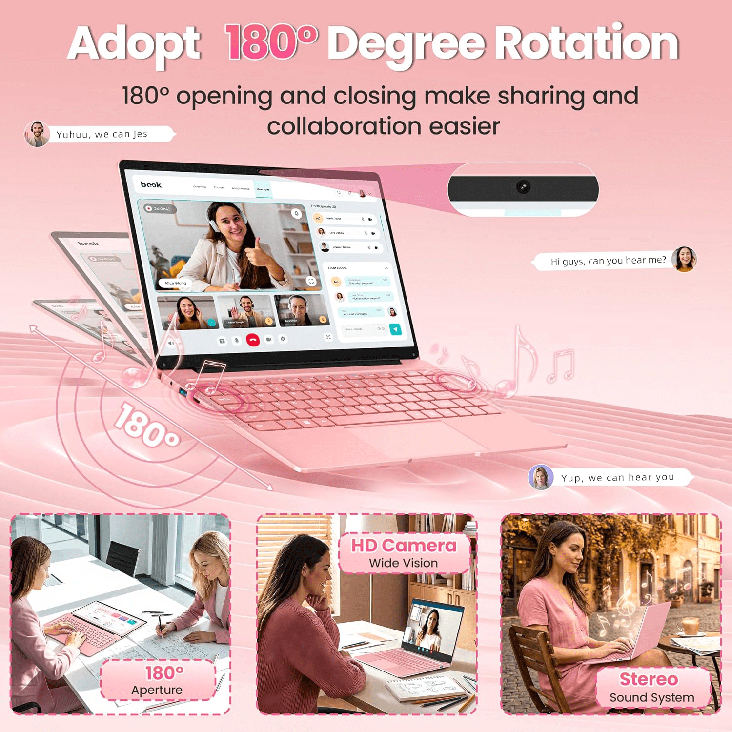 14.1" Laptop Computer with Rechargeable Silent Mouse, Office 2024, 4 Core Intel Celeron Processor, 8GB RAM 128GB SSD, HD Display Wi-Fi 5 BT5.0 Webcam, Pink Laptop for Study, Homework & Everyday Use