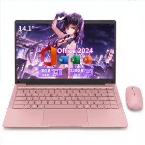 14.1" Laptop Computer with Rechargeable Silent Mouse, Office 2024, 4 Core Intel Celeron Processor, 8GB RAM 128GB SSD, HD Display Wi-Fi 5 BT5.0 Webcam, Pink Laptop for Study, Homework & Everyday Use