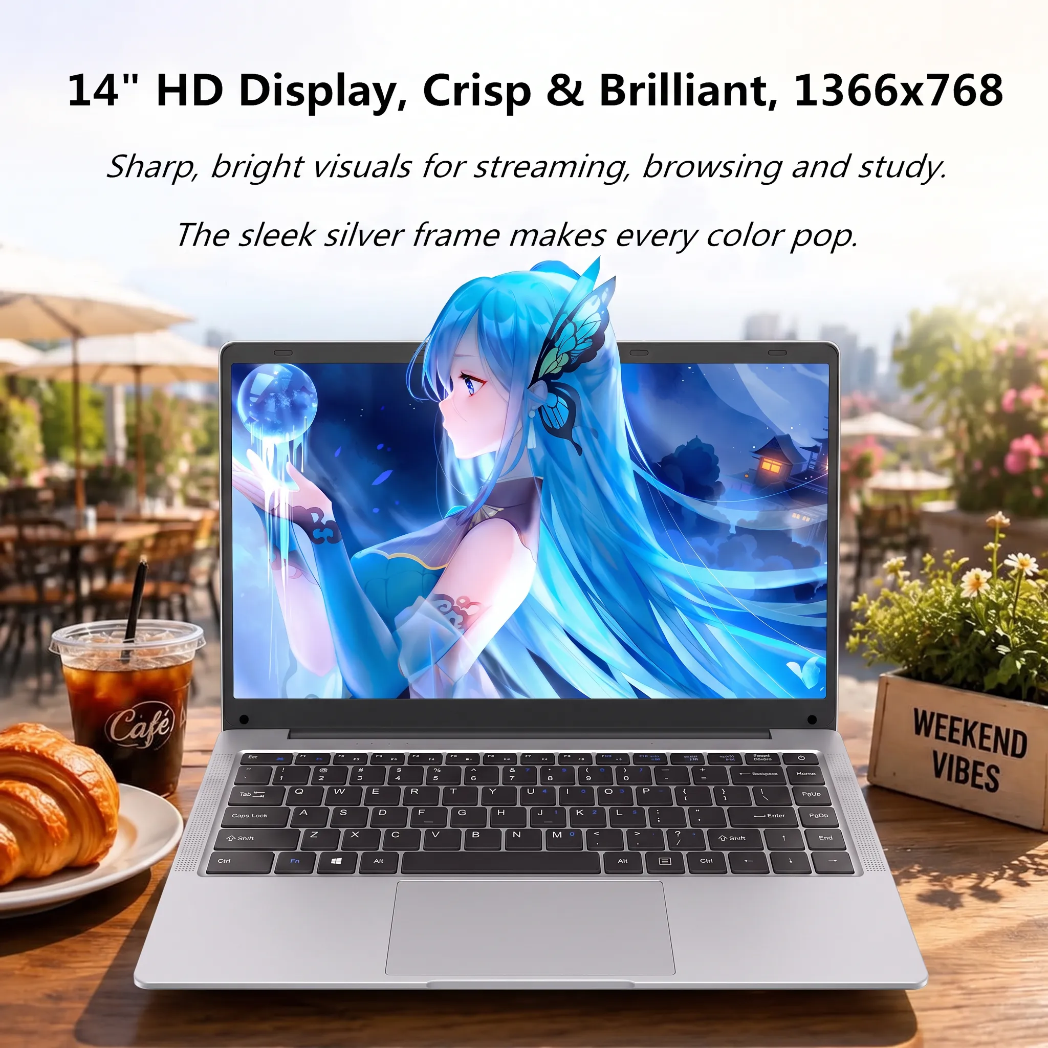 14.1" Student Laptop with Rechargeable Silent Mouse, Office 2024, 8GB RAM 128GB SSD, 4-Core Intel Celeron, HD Display USB3.0 Webcam Wi-Fi 5 BT5.0, Thin and Light Notebook Computer for study and work
