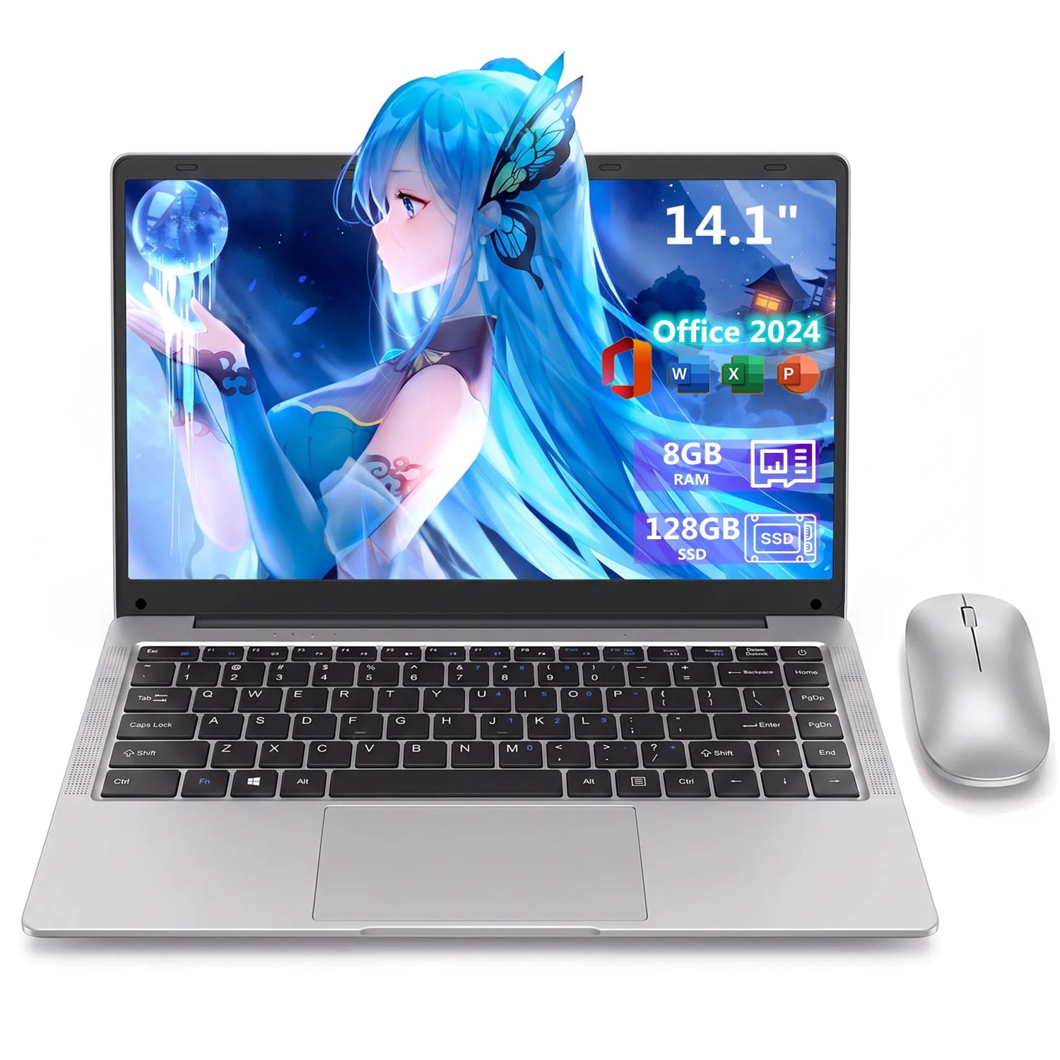 14.1" Student Laptop with Rechargeable Silent Mouse, Office 2024, 8GB RAM 128GB SSD, 4-Core Intel Celeron, HD Display USB3.0 Webcam Wi-Fi 5 BT5.0, Thin and Light Notebook Computer for study and work