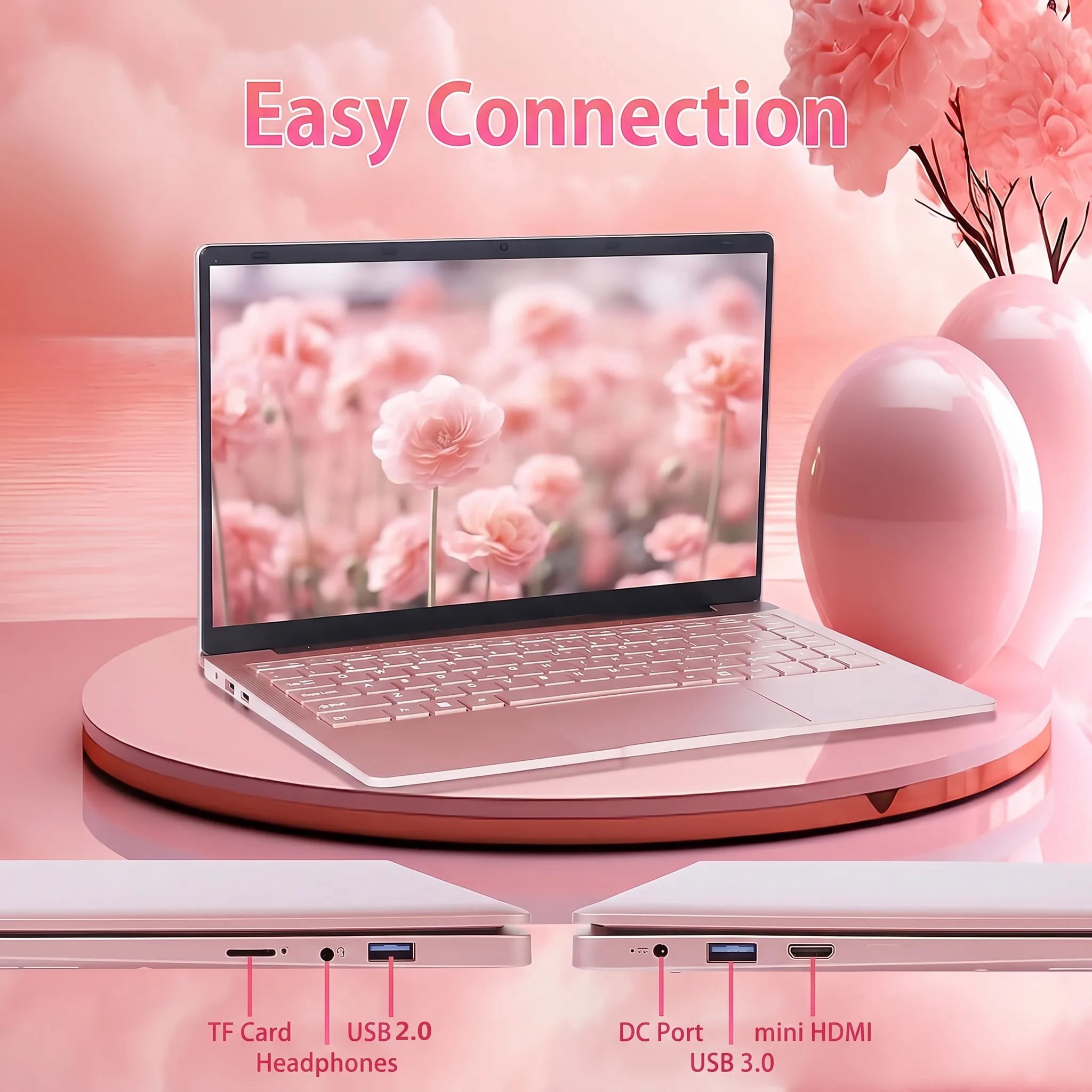14.1" Pink Laptop with Rechargeable Silent Mouse, Office 2024, 8GB RAM 128GB SSD, 4-Core Intel Celeron, Thin and Light Notebook PC Computer for study and work, HD Display USB3.0 Webcam Wi-Fi 5 BT5.0