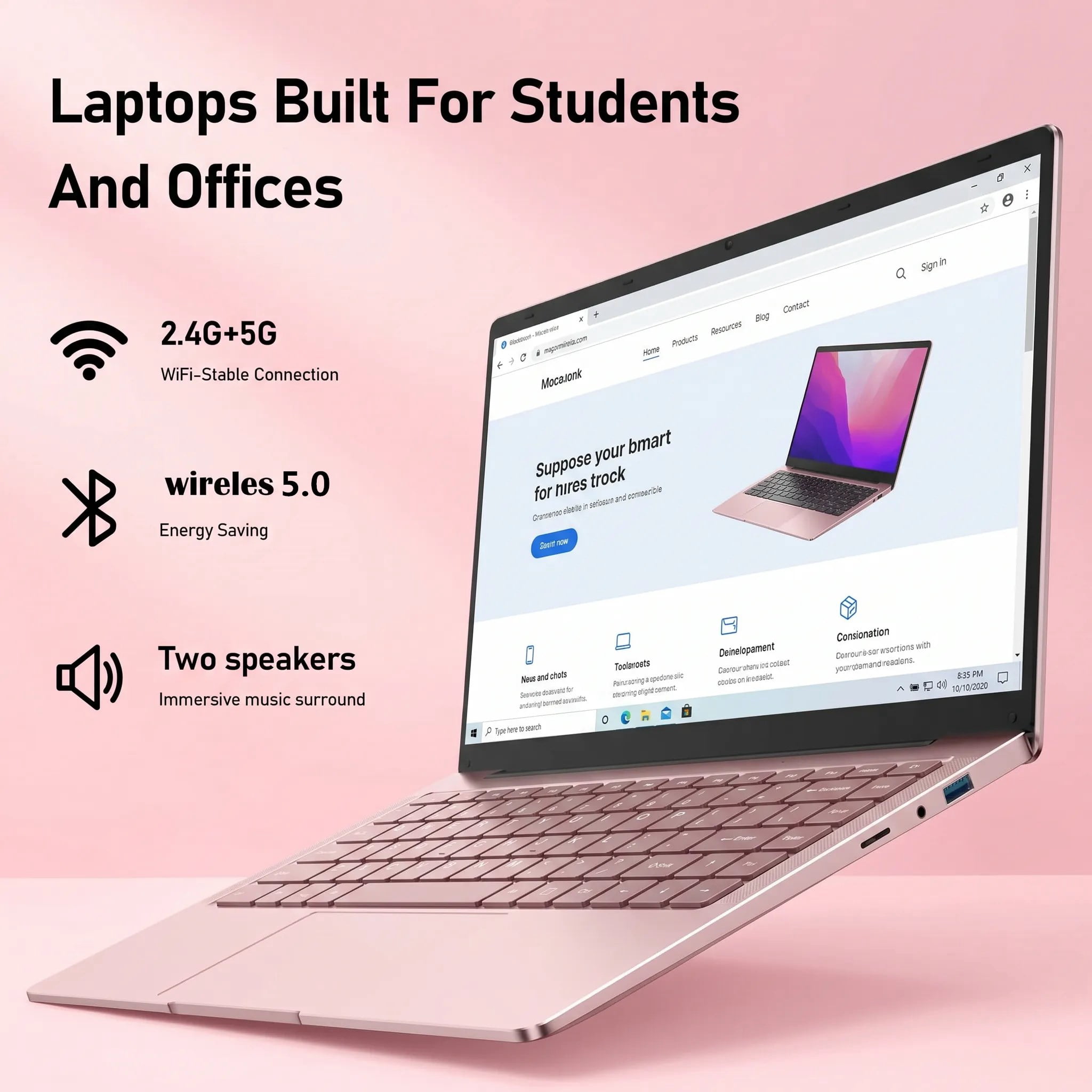 14.1" Pink Laptop with Rechargeable Silent Mouse, Office 2024, 8GB RAM 128GB SSD, 4-Core Intel Celeron, Thin and Light Notebook PC Computer for study and work, HD Display USB3.0 Webcam Wi-Fi 5 BT5.0