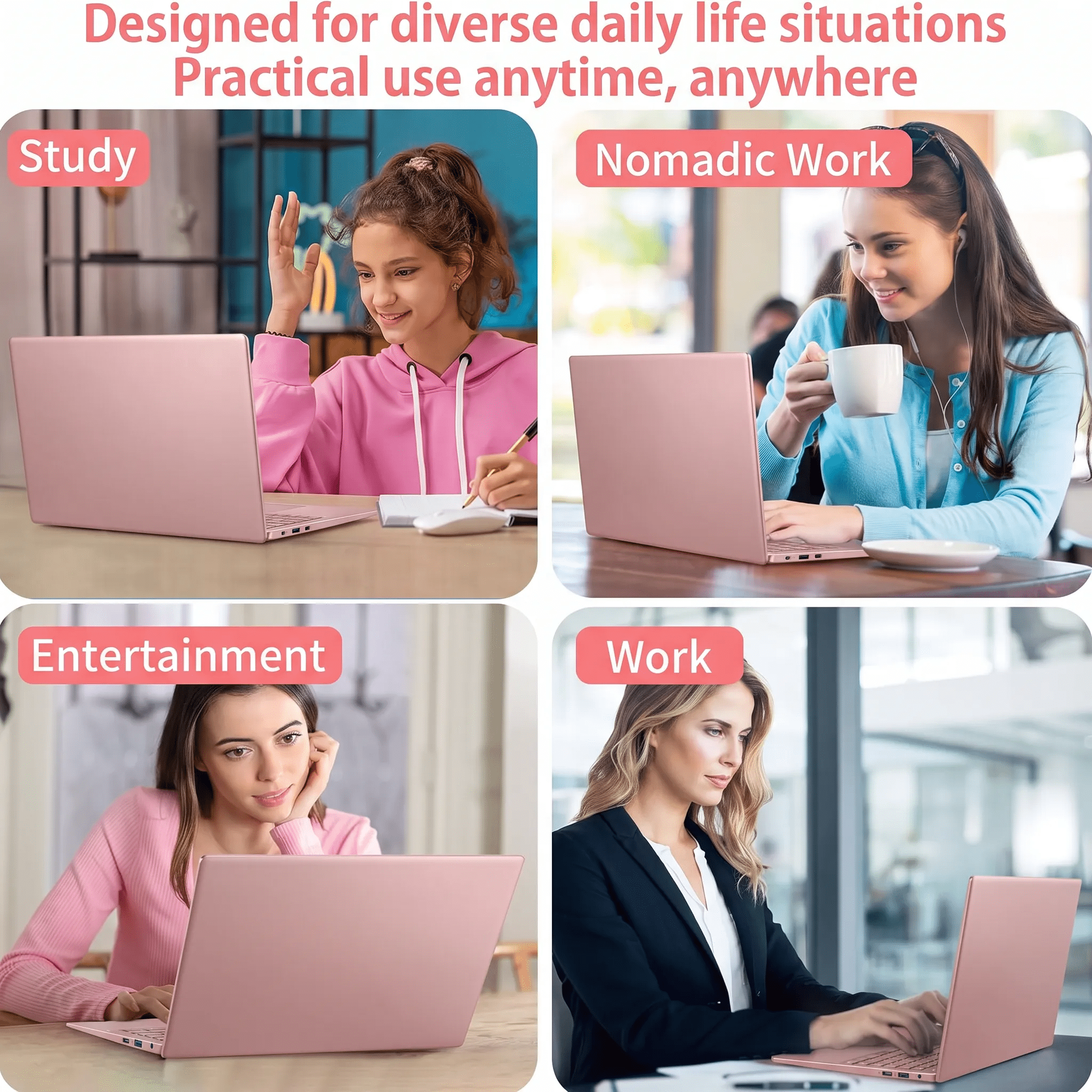 14.1" Pink Laptop with Rechargeable Silent Mouse, Office 2024, 8GB RAM 128GB SSD, 4-Core Intel Celeron, Thin and Light Notebook PC Computer for study and work, HD Display USB3.0 Webcam Wi-Fi 5 BT5.0