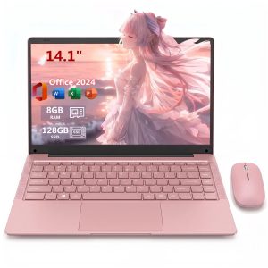 14.1" Pink Laptop with Rechargeable Silent Mouse, Office 2024, 8GB RAM 128GB SSD, 4-Core Intel Celeron, Thin and Light Notebook PC Computer for study and work, HD Display USB3.0 Webcam Wi-Fi 5 BT5.0