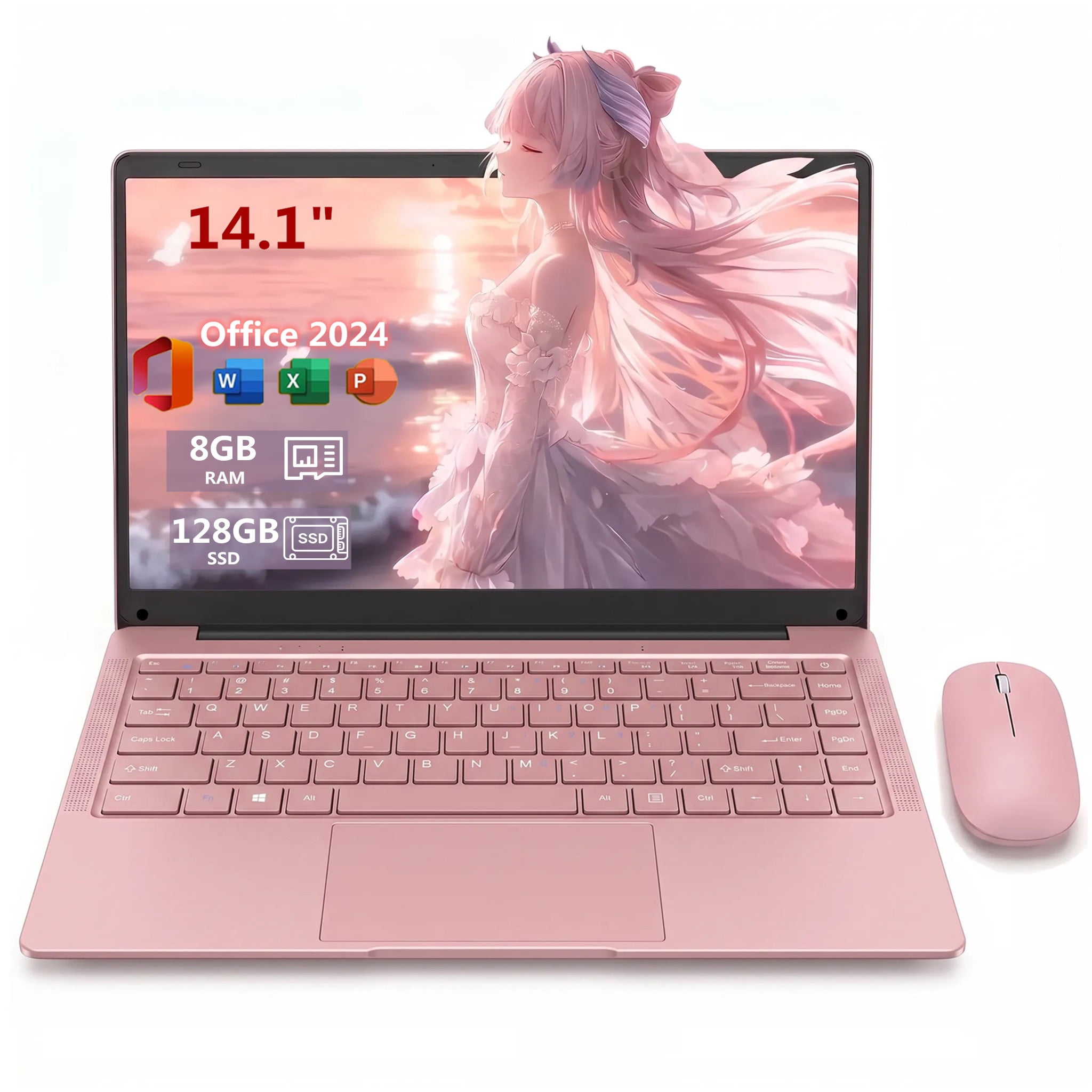 14.1" Pink Laptop with Rechargeable Silent Mouse, Office 2024, 8GB RAM 128GB SSD, 4-Core Intel Celeron, Thin and Light Notebook PC Computer for study and work, HD Display USB3.0 Webcam Wi-Fi 5 BT5.0