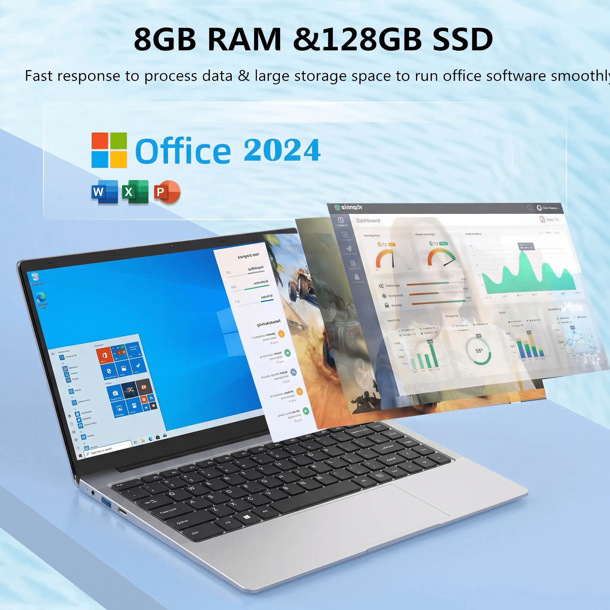 14.1" Laptop Computer with Rechargeable Silent Mouse, Office 2024, 4 Core Intel Celeron Processor, 8GB RAM 128GB SSD, HD Display Wi-Fi 5 BT5.0 Webcam, Silver Laptop for Study, Homework & Everyday Use