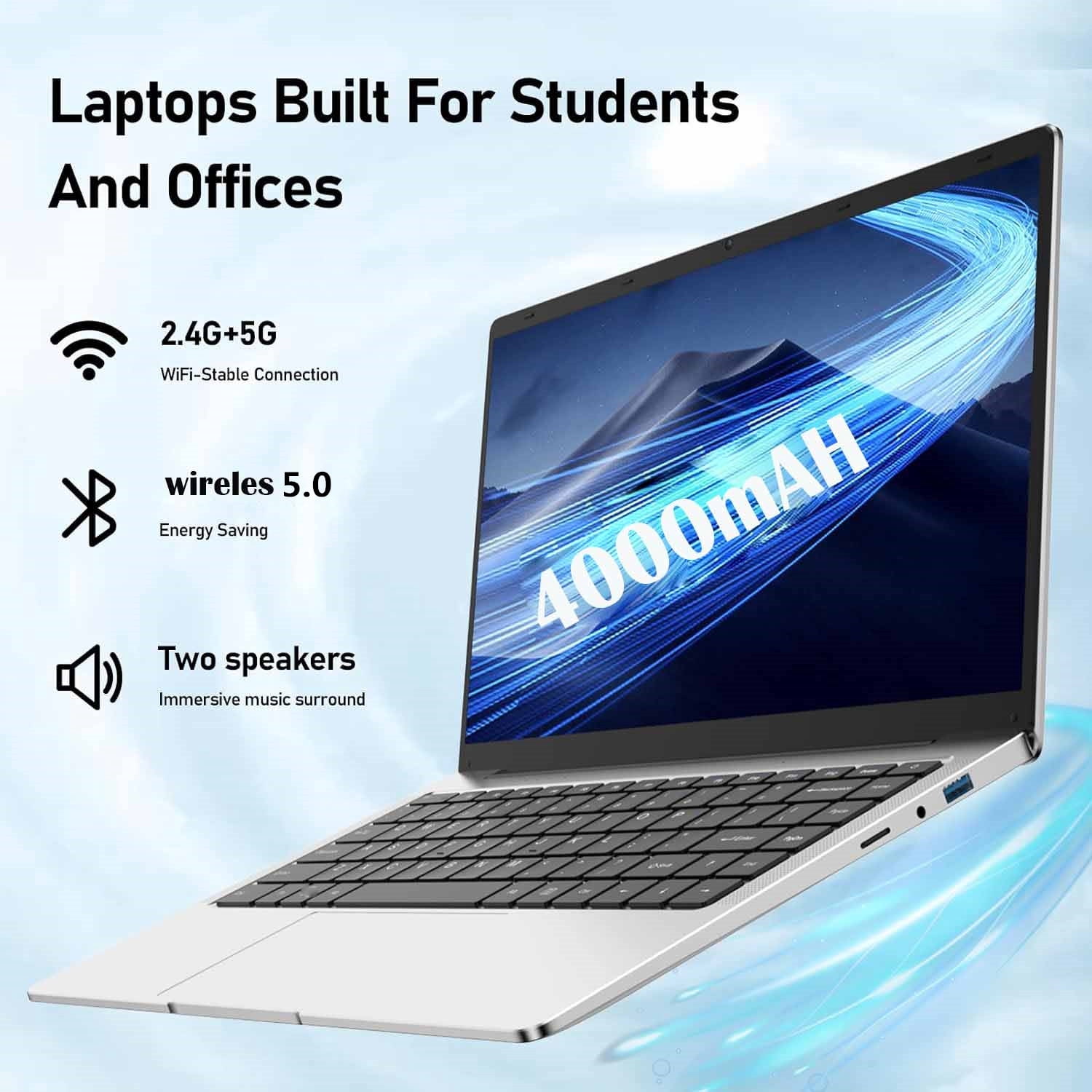 14.1" Laptop Computer with Rechargeable Silent Mouse, Office 2024, 4 Core Intel Celeron Processor, 8GB RAM 128GB SSD, HD Display Wi-Fi 5 BT5.0 Webcam, Silver Laptop for Study, Homework & Everyday Use