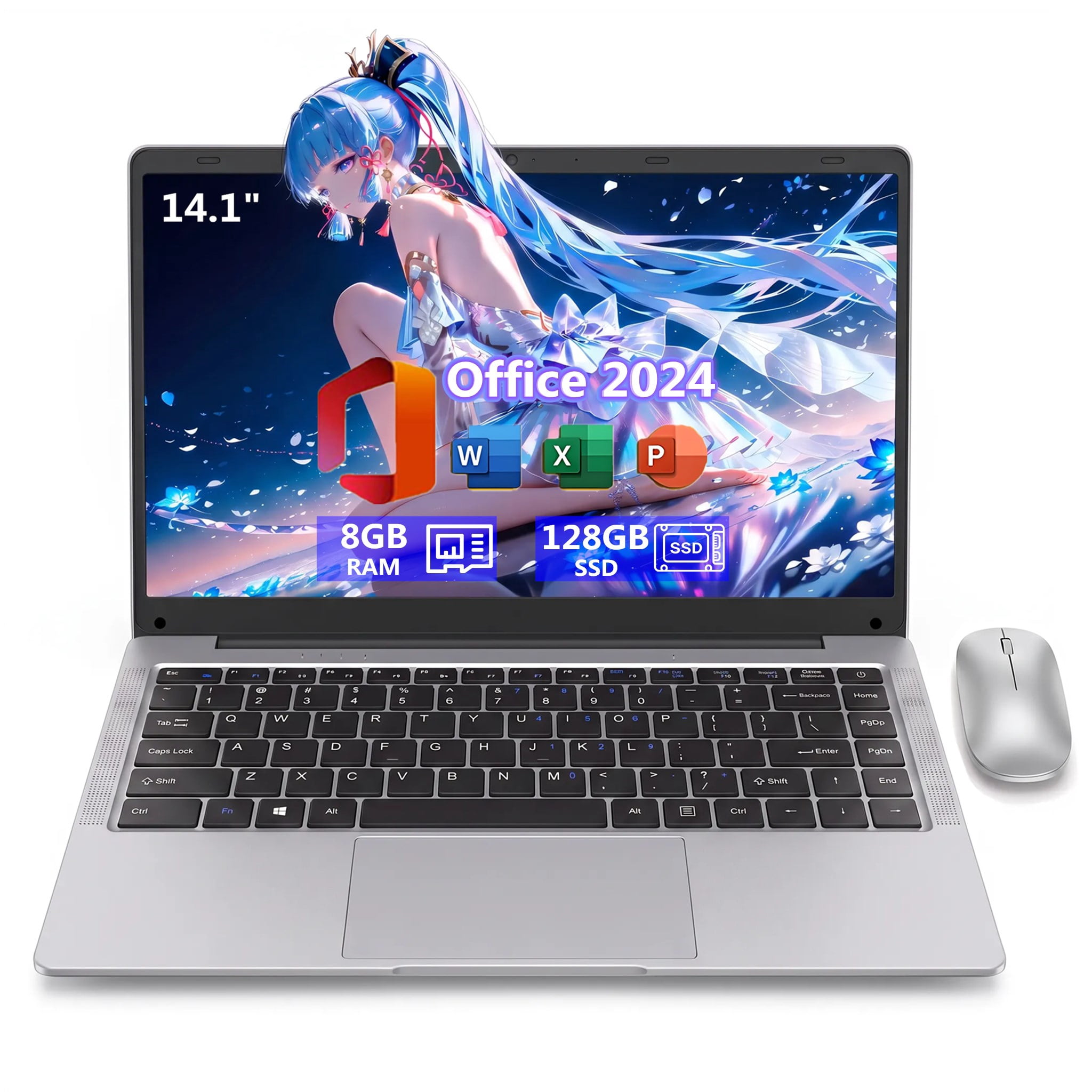 14.1" Laptop Computer with Rechargeable Silent Mouse, Office 2024, 4 Core Intel Celeron Processor, 8GB RAM 128GB SSD, HD Display Wi-Fi 5 BT5.0 Webcam, Silver Laptop for Study, Homework & Everyday Use