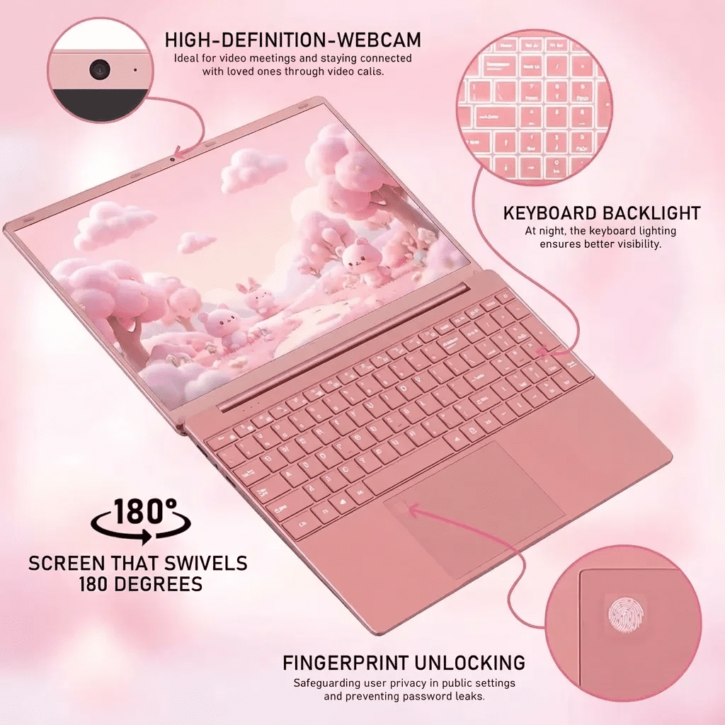 15.6" Pink Laptop, Office 2024, Windows 11 Pro, 16GB RAM 512GB SSD, IPS FHD Laptop computer, Intel Core i3, Backlit Keyboard, Fingerprint Reader, USB3.0 Webcam WiFi5, Student & Business Laptop