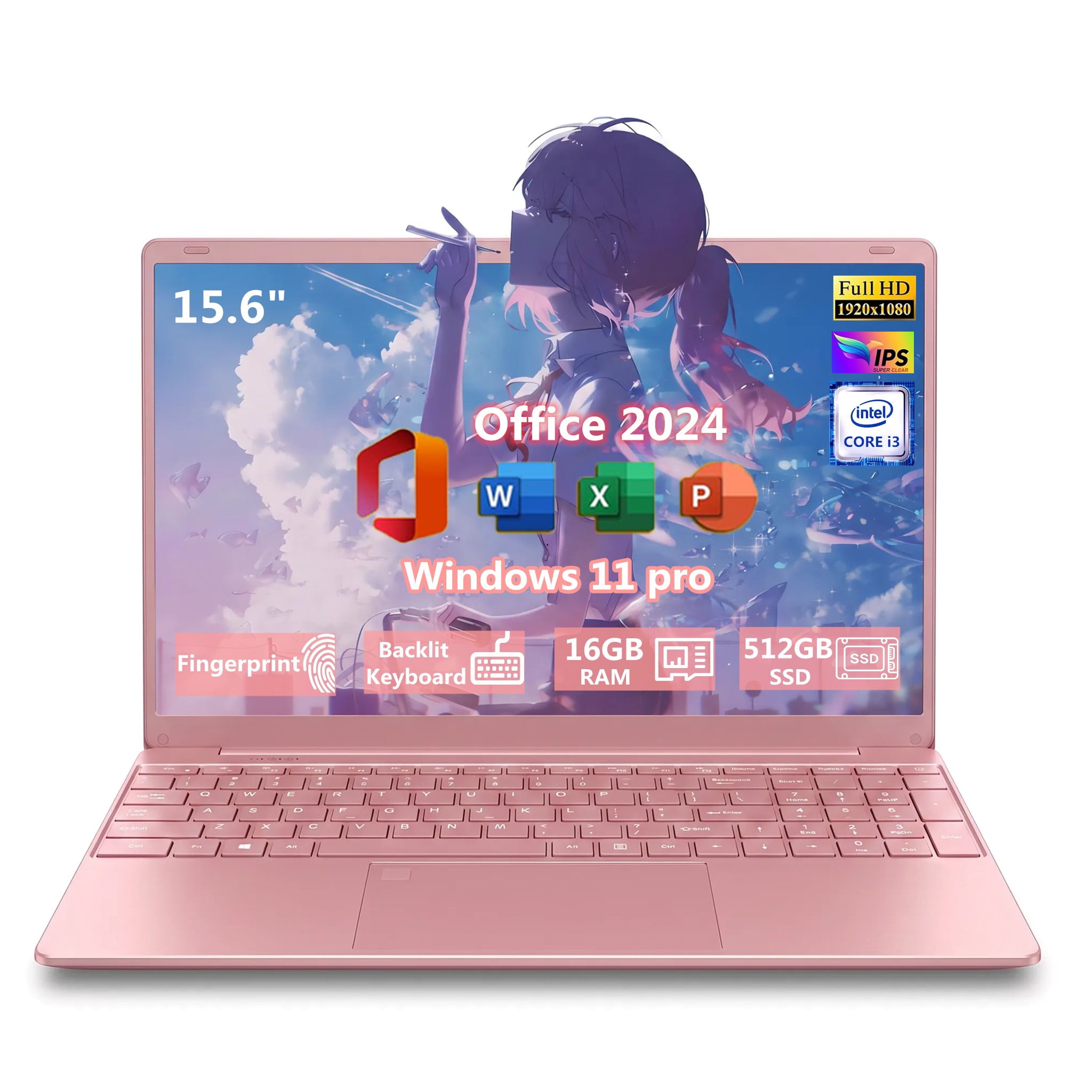 15.6" Pink Laptop, Office 2024, Windows 11 Pro, 16GB RAM 512GB SSD, IPS FHD Laptop computer, Intel Core i3, Backlit Keyboard, Fingerprint Reader, USB3.0 Webcam WiFi5, Student & Business Laptop