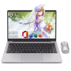 14.1" Laptop with Rechargeable Silent Mouse, Office 2024, 4-Core Intel Celeron CPU, 8GB RAM 128GB SSD, HD Display, WiFi 5, BT 5.0, Webcam, Silver Laptop Computer for Study, Homework & Daily Tasks