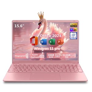 Pink Laptop computer, 15.6" IPS FHD Student & Business Laptop With Office 2024, Windows 11 Pro, 16GB RAM 512GB SSD, Intel Core i3, Backlit Keyboard, Fingerprint Reader, Webcam WiFi5, 180°Viewing