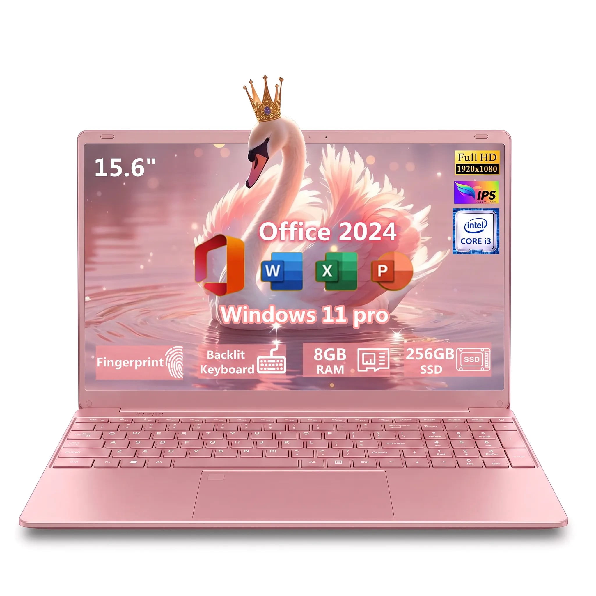 Pink Laptop computer, 15.6" IPS FHD Student & Business Laptop With Office 2024, Windows 11 Pro, 8GB RAM 256GB SSD, Intel Core i3, Backlit Keyboard, Fingerprint Reader, Webcam WiFi5, 180°Viewing