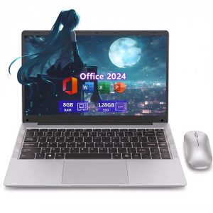 14.1" Silver Laptop Computer with Rechargeable Silent Mouse, Office 2024, 8GB RAM 128GB SSD, 4-Core Intel Celeron, HD Display Thin and Light Windows Laptop for study and work, Webcam Wi-Fi 5 BT5.0