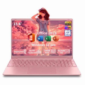 15.6" Pink Laptop computer, Windows 11 Pro, Office 2024, 16GB RAM 512GB SSD, Intel Core i3-6100U, IPS FHD, Backlit Keyboard, Fingerprint Reader, Webcam WiFi5, 180°Viewing, Student & Business Laptop